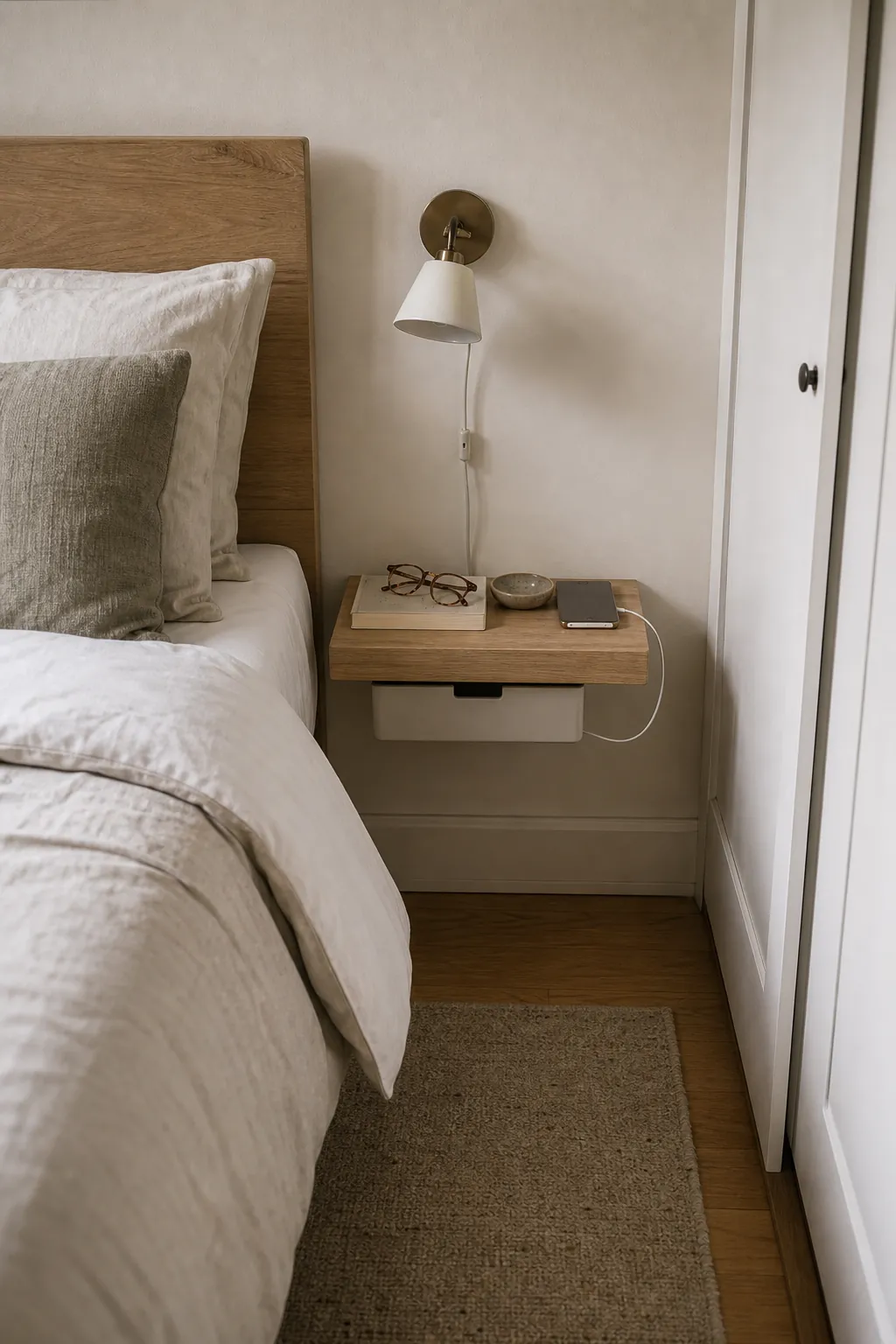 Floating bedside shelf used as a nightstand in a small bedroom