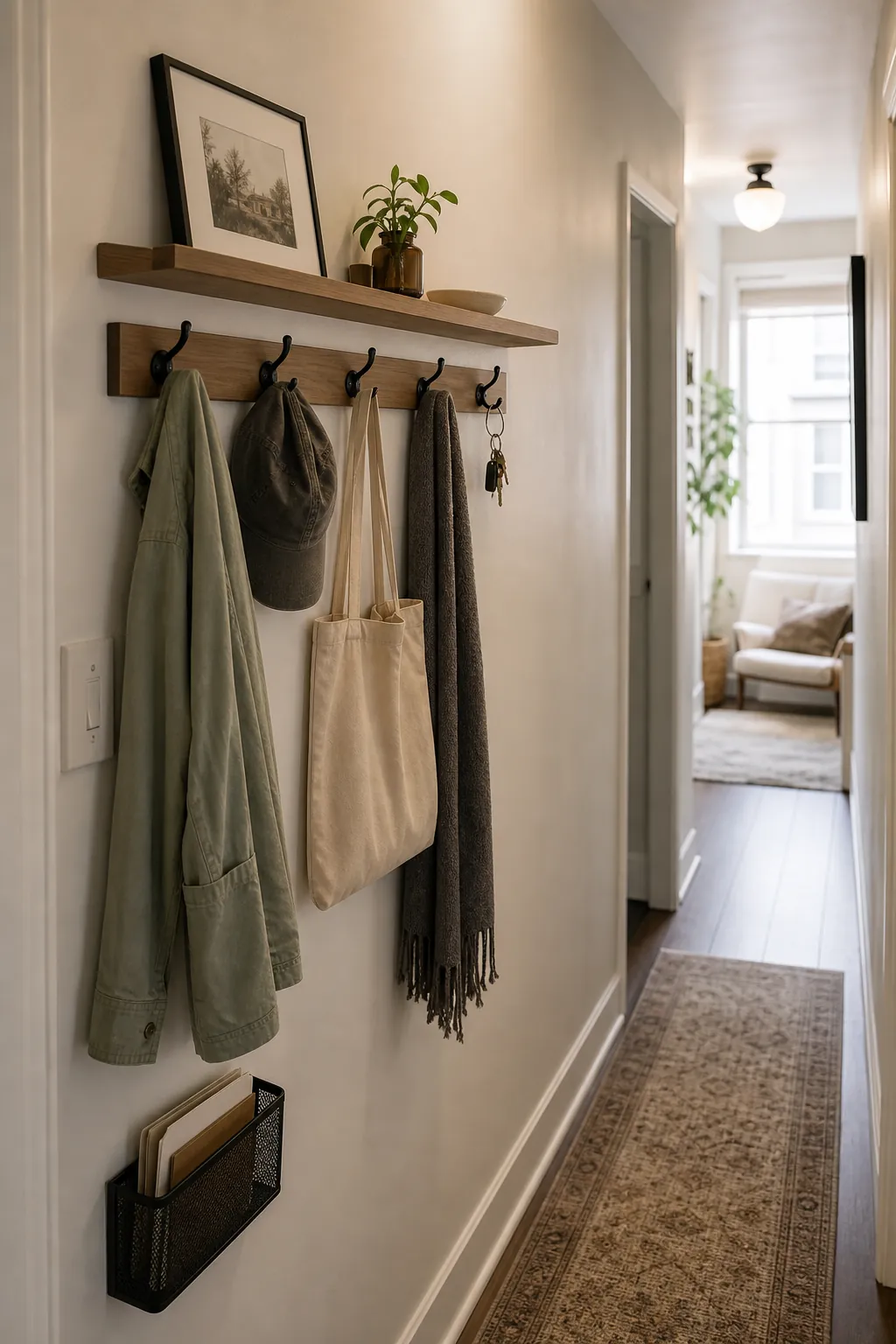 Narrow hallway with wall hooks and a slim shelf for apartment storage
