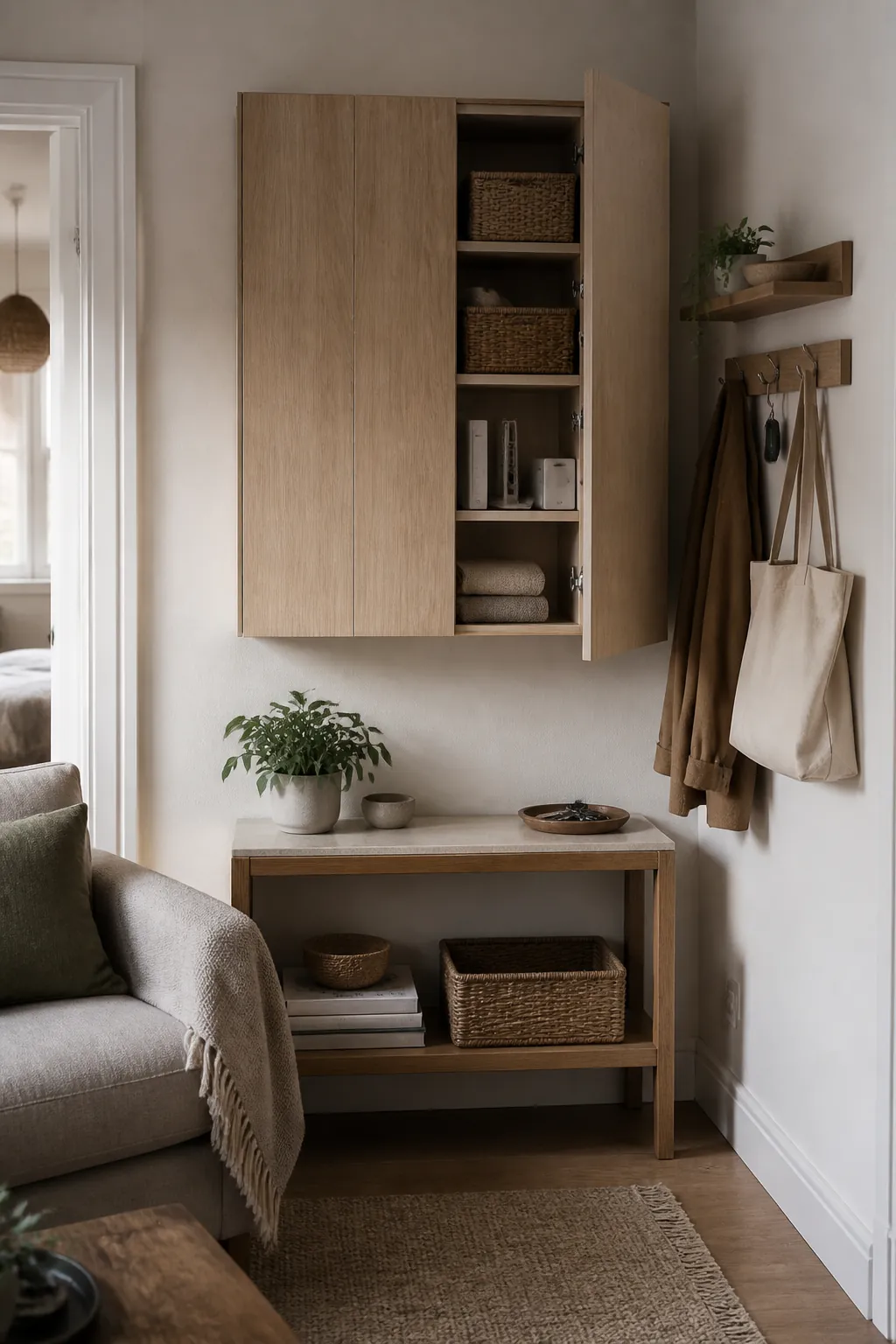 Closed wall cabinet and baskets for compact storage in a small home