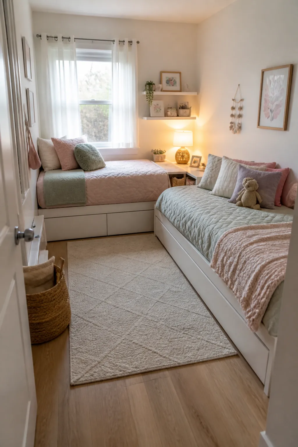 Narrow shared girls bedroom with an L-shaped twin bed layout and soft kids room styling