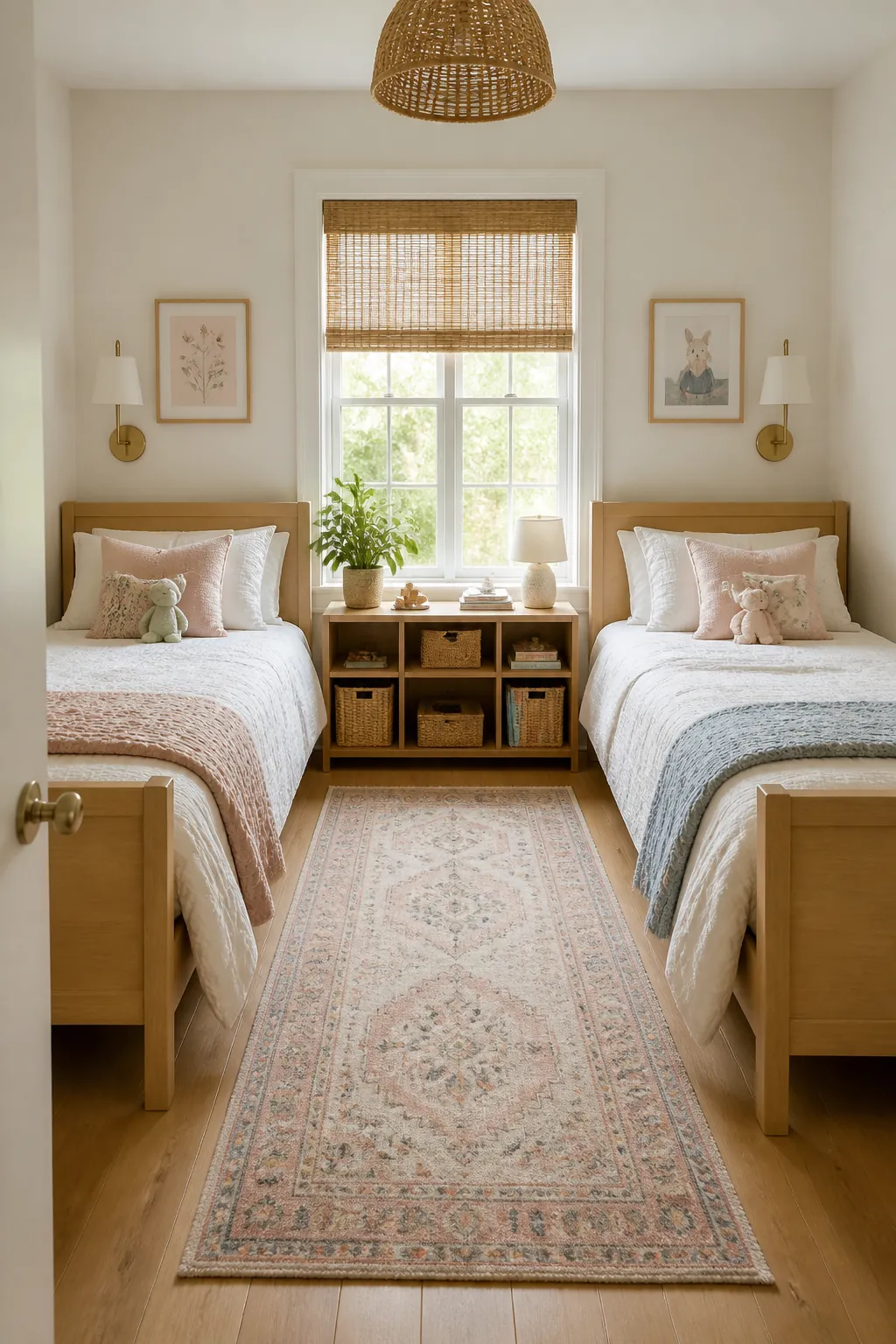 Two girls bedroom with mirrored twin beds, soft colors, and equal bedside decor