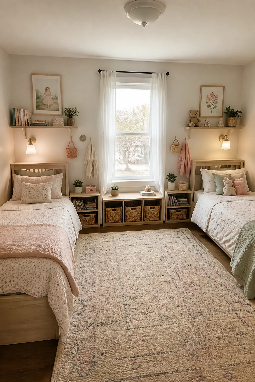 Shared kids room with personal corners, individual shelves, and fair bedroom decor