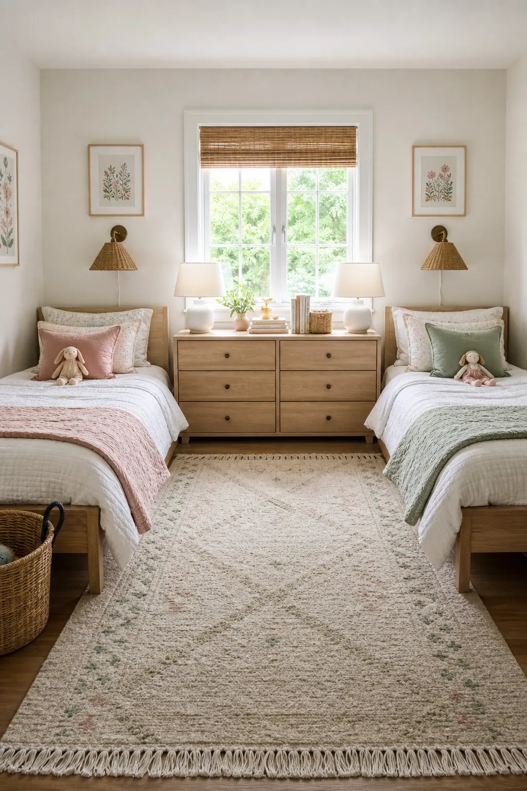 Two girls bedroom with fair twin bed layout, soft colors, and balanced decor