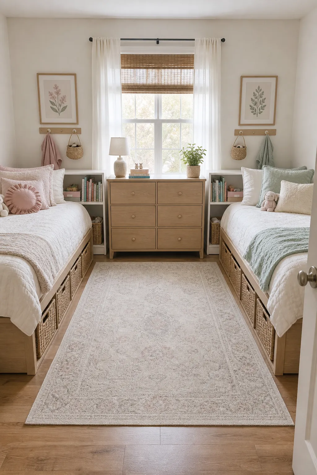 Two girls bedroom with equal under-bed storage, twin beds, baskets, and tidy decor