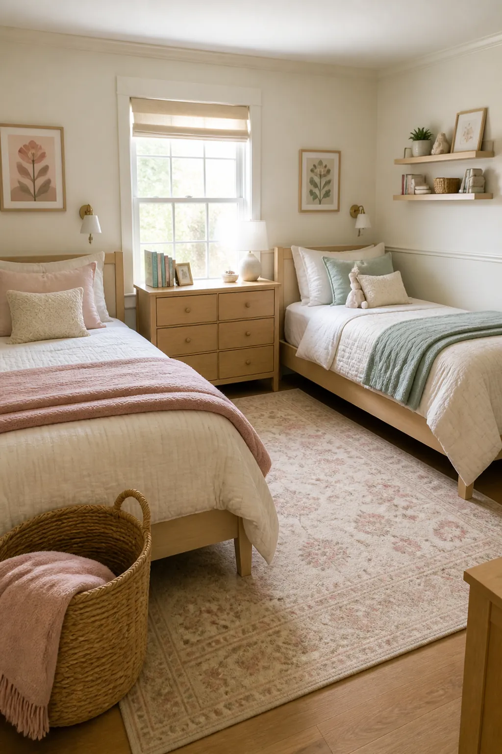 Girls room decor with soft colors, twin beds, pale wood, and balanced bedding