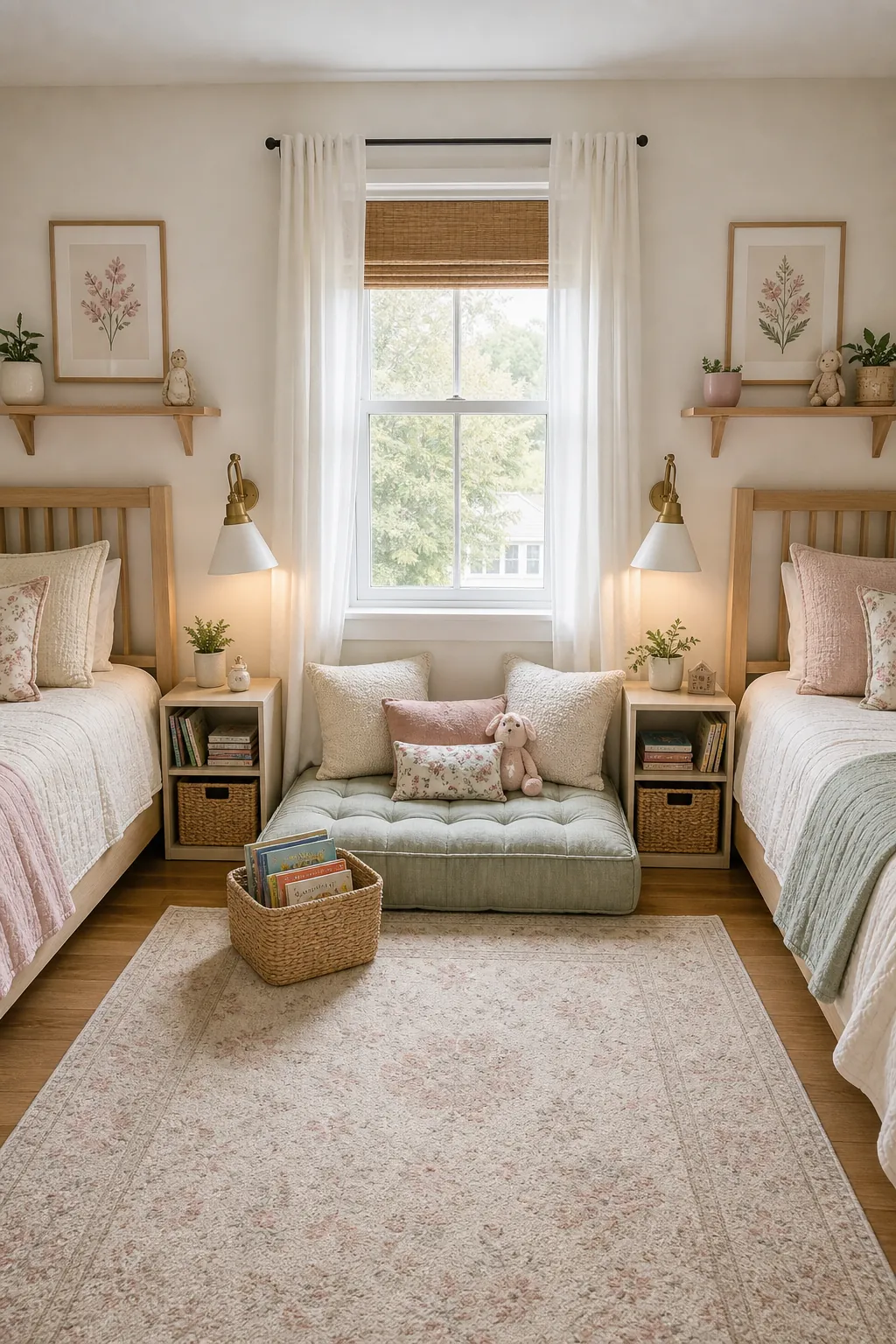 Shared girls bedroom with a cozy reading nook, twin beds, soft colors, and fair layout