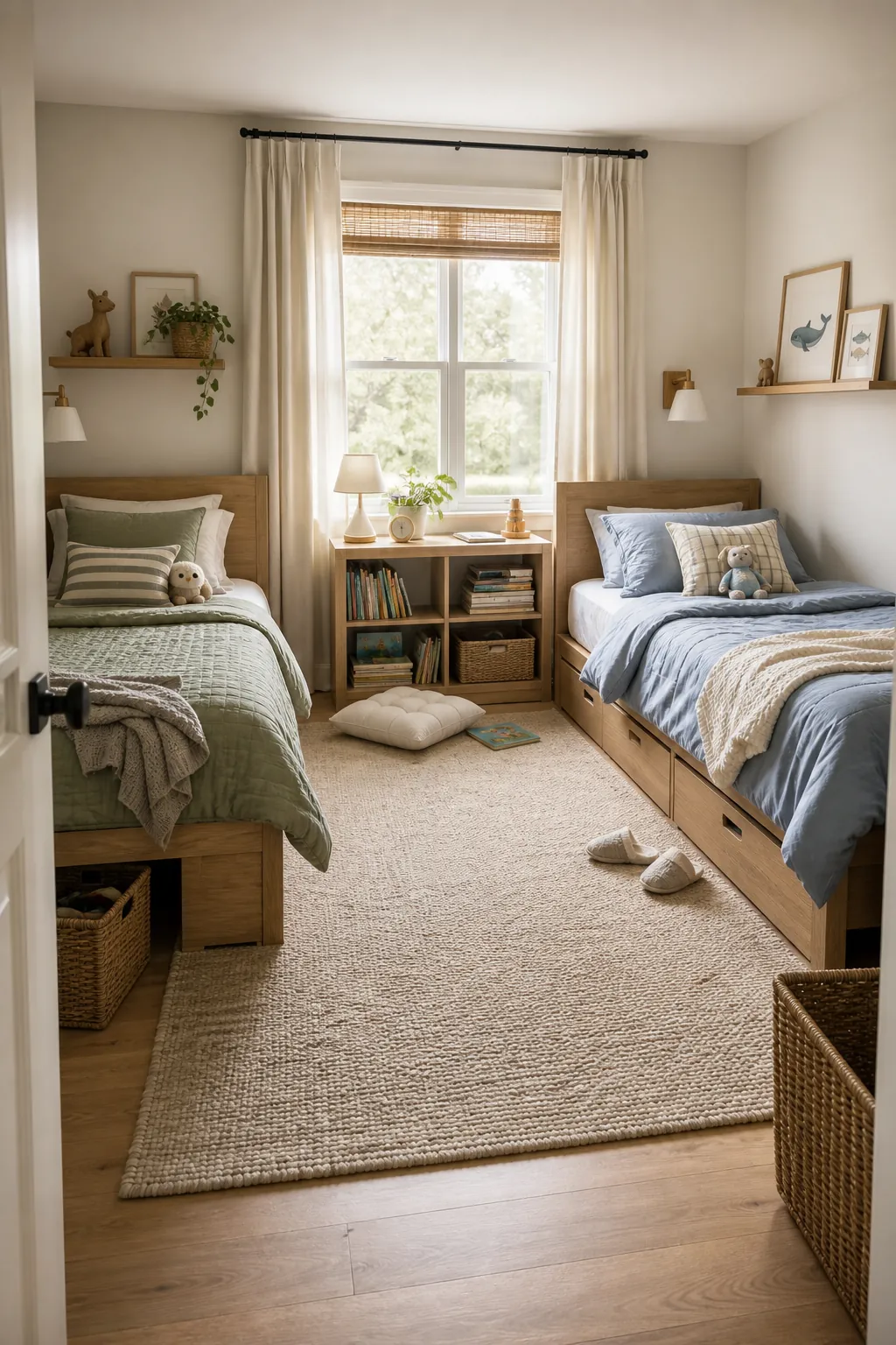 Shared kids room with a calm neutral base and two personalized bed areas