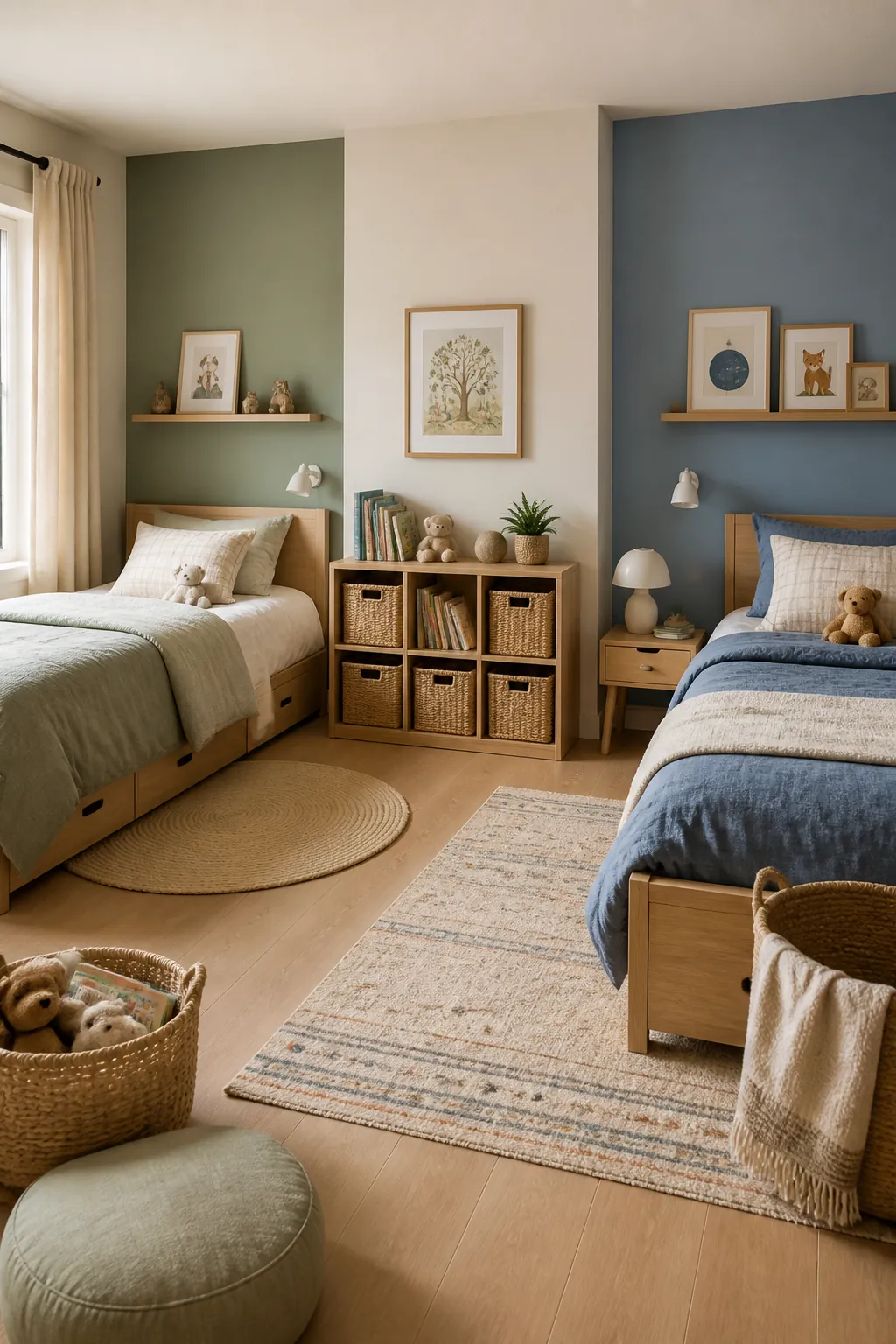 Shared kids bedroom with gentle color zones for each sibling