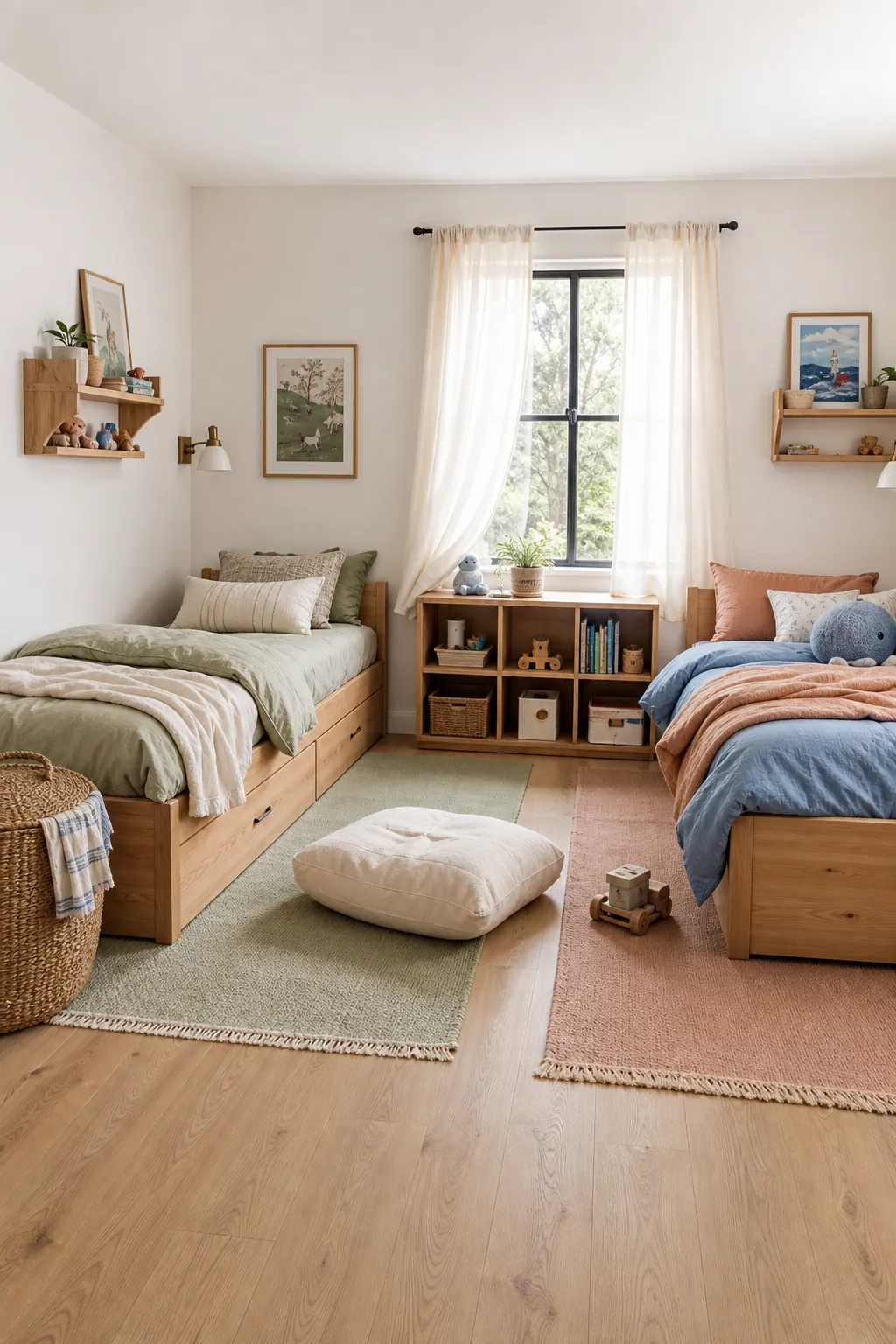 Photorealistic shared kids room with coordinated color zones and non matching decor