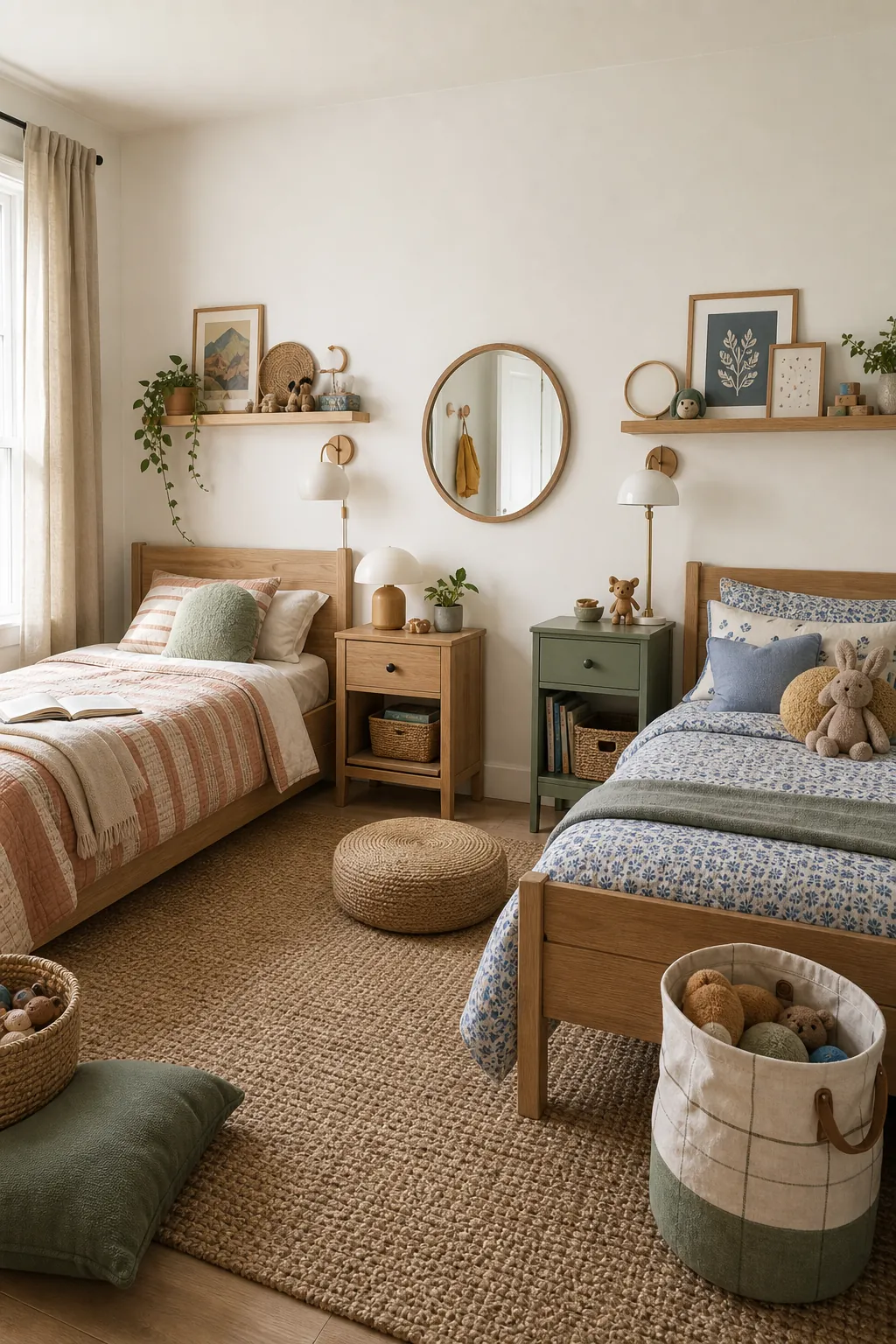 Non matching decor in a shared kids bedroom tied together with repeated shapes and finishes