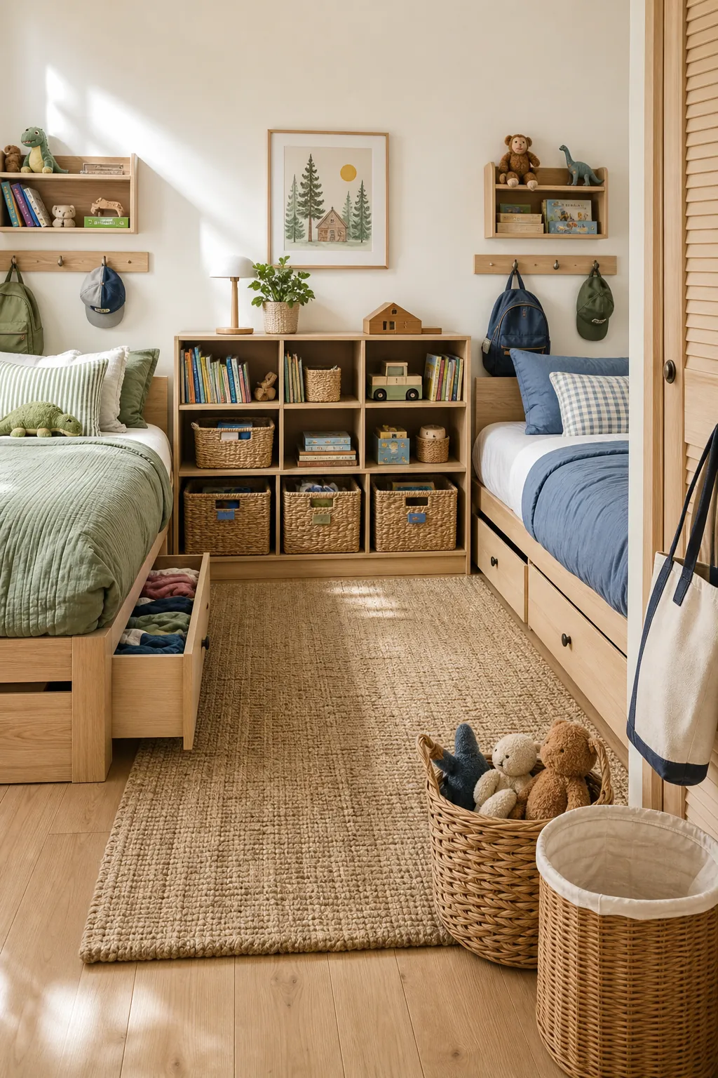 Organized bedroom storage for two children in a shared kids room