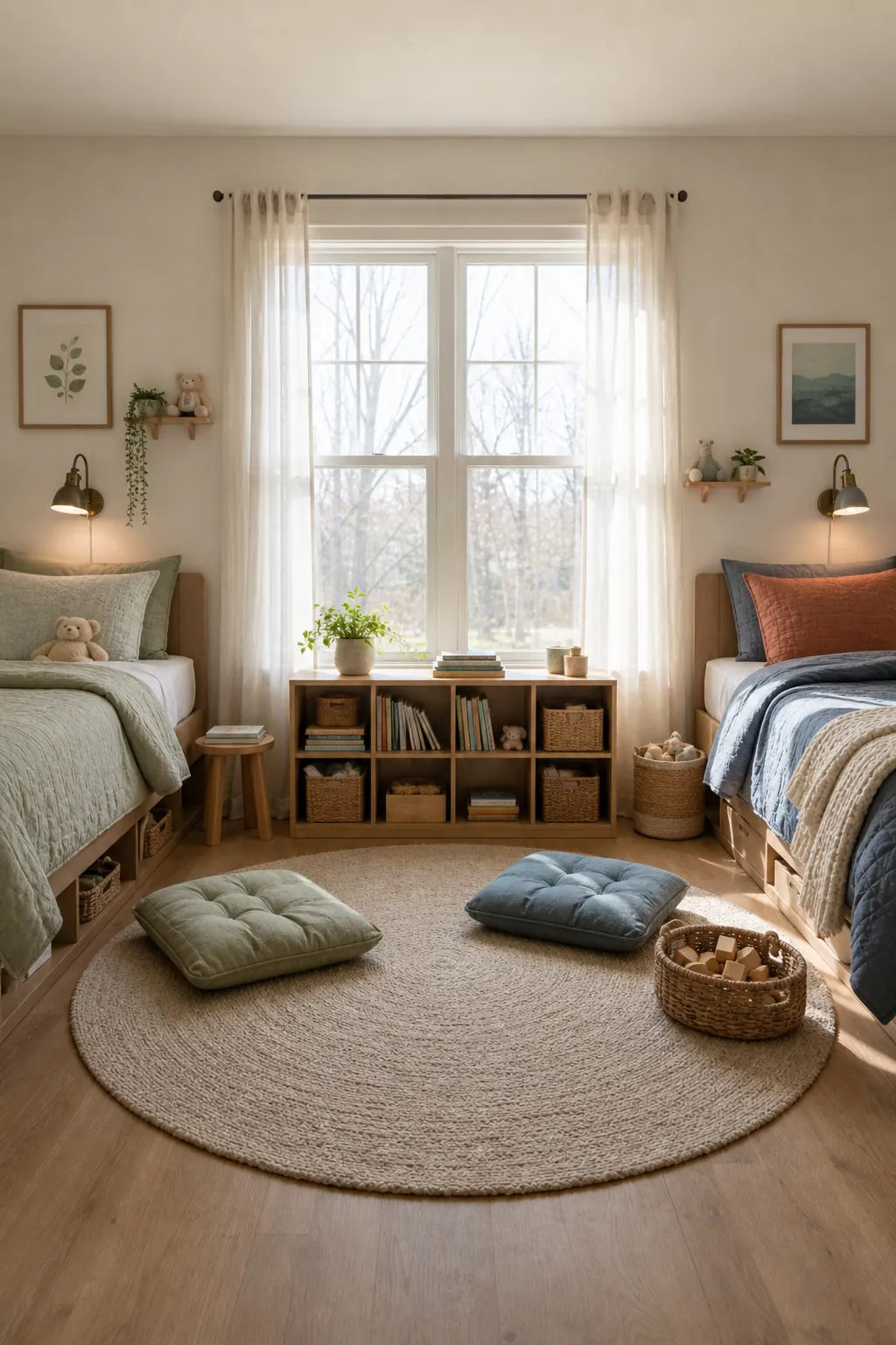 Shared floor space in a sibling bedroom with a simple reading and play area