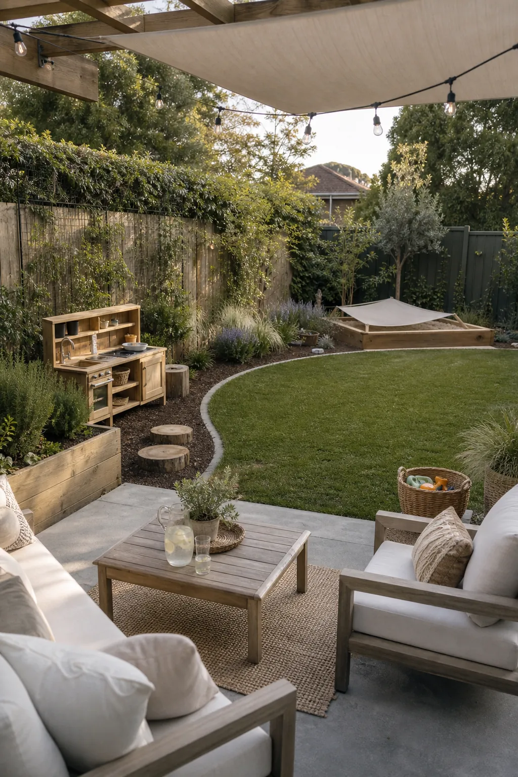 Family backyard with adult patio seating, lawn, nature play corner, and privacy planting