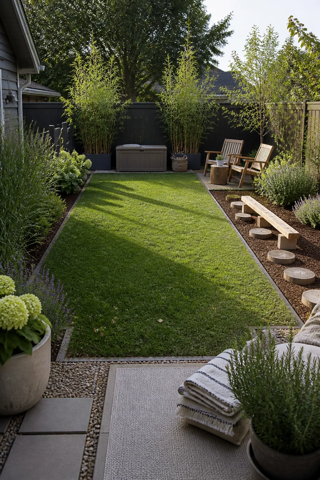 Flexible family backyard lawn bordered by adult seating and low maintenance planting