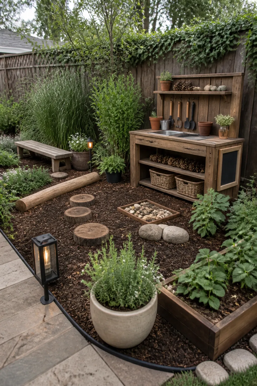 Natural backyard play corner with mud kitchen, mulch, herbs, and garden decor