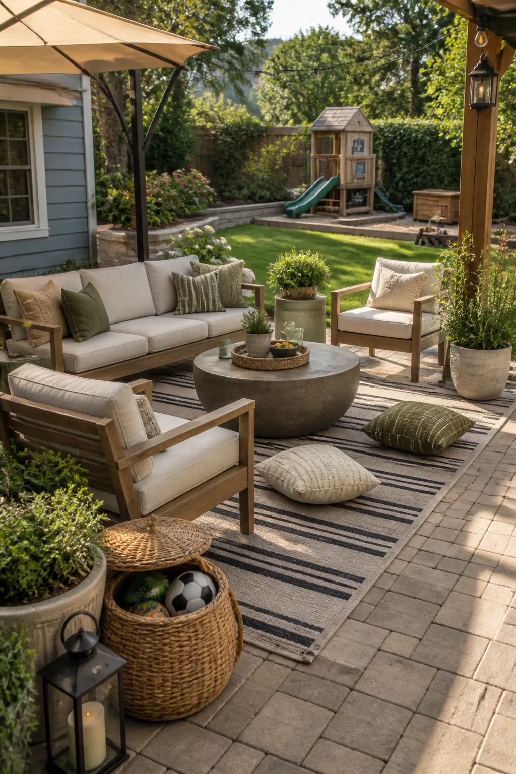 Patio seating arranged with a clear view of a backyard play area