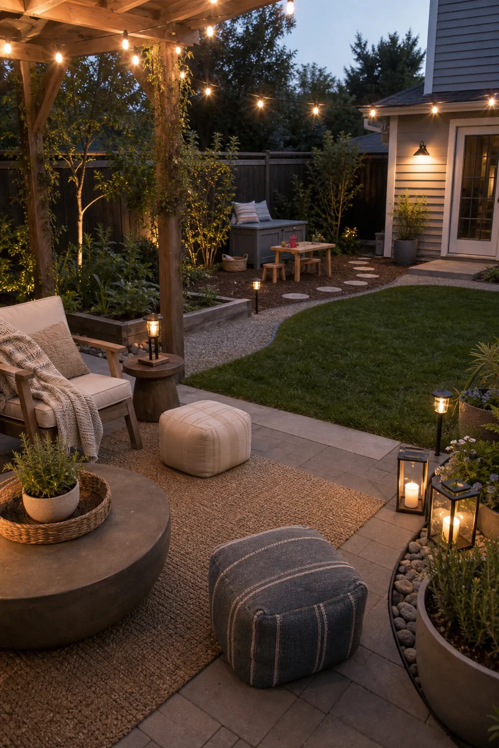 Backyard patio with shade, string lights, clear paths, and kid friendly soft boundaries
