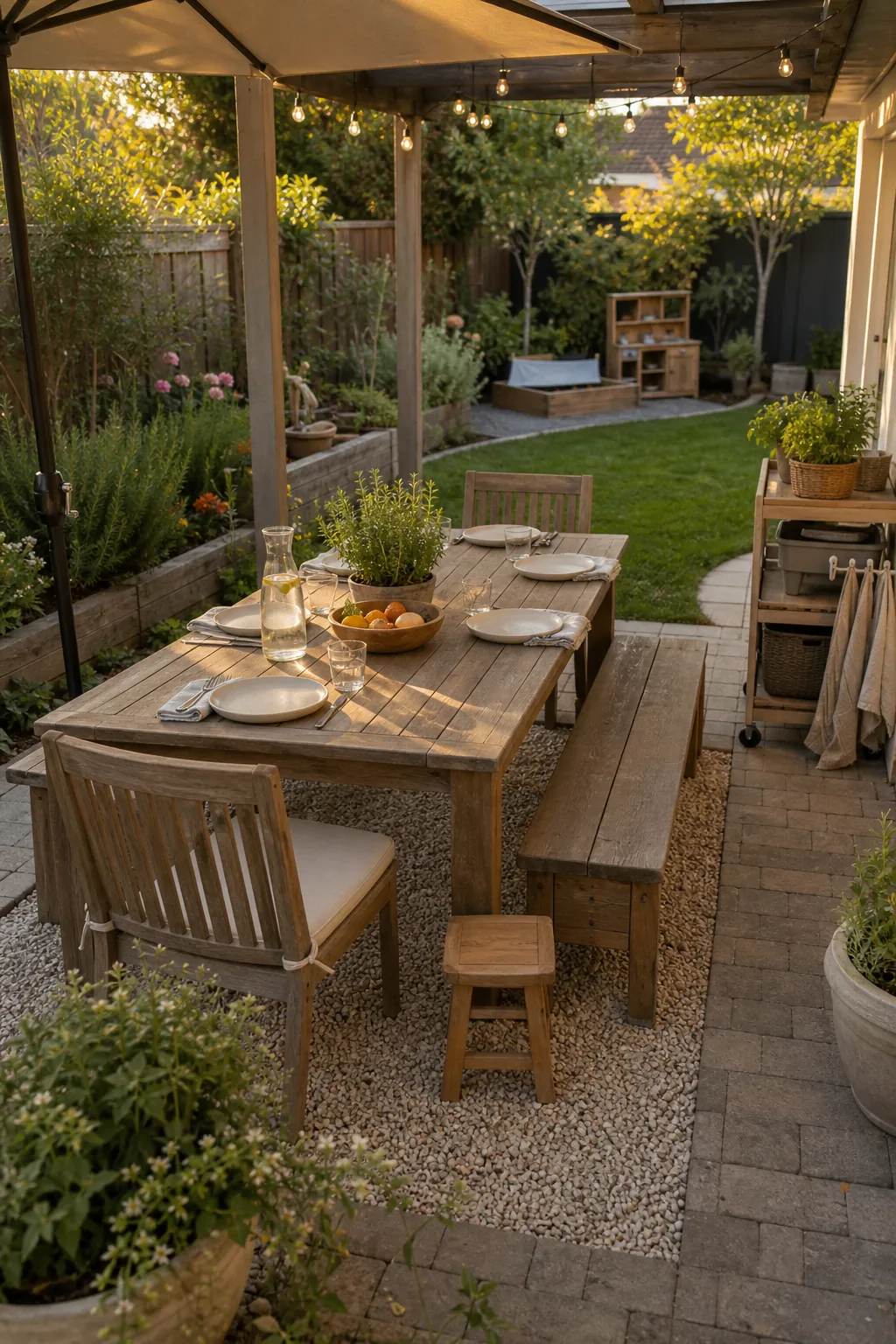 Outdoor dining area with family friendly bench seating and garden views