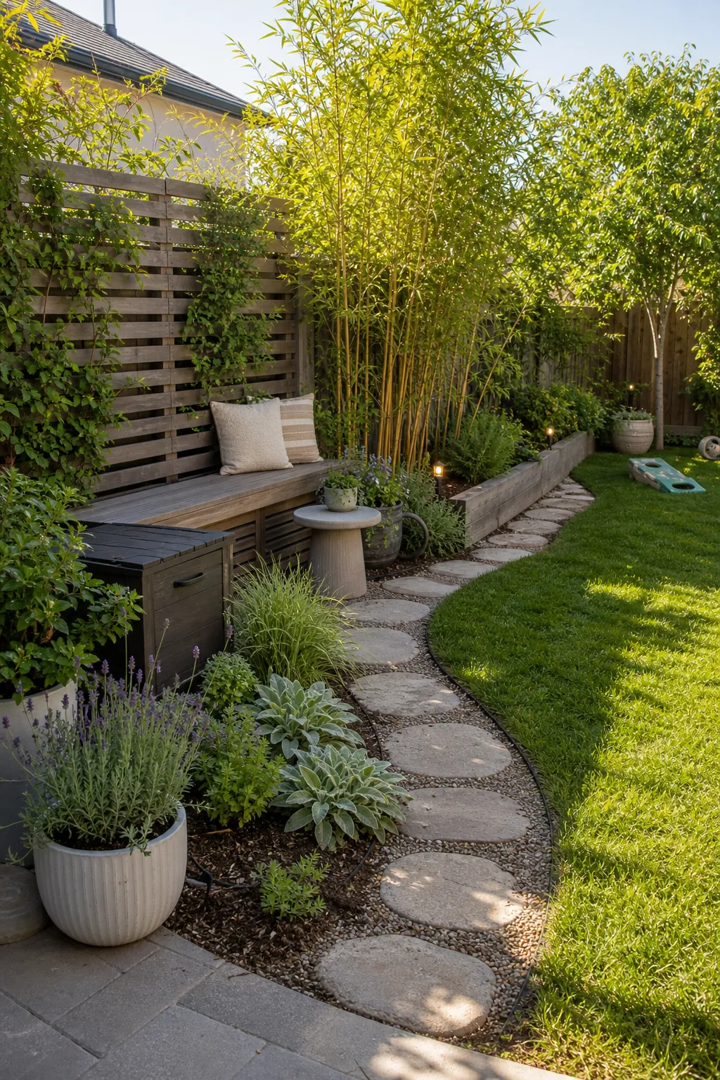 Backyard privacy planting with a curved path, bench storage, and family play lawn