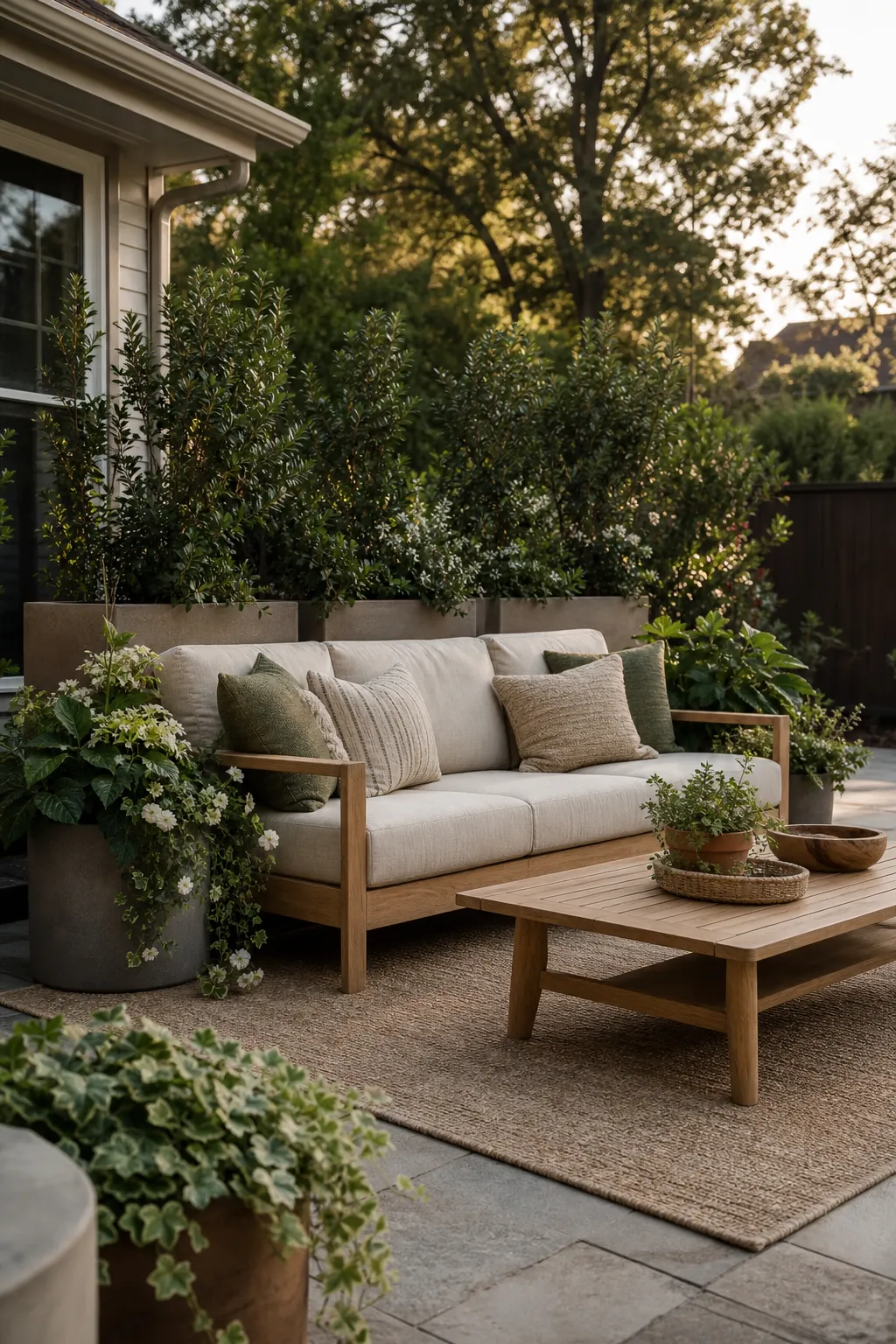 Outdoor sofa area styled with lush plants, privacy greenery, and warm patio decor