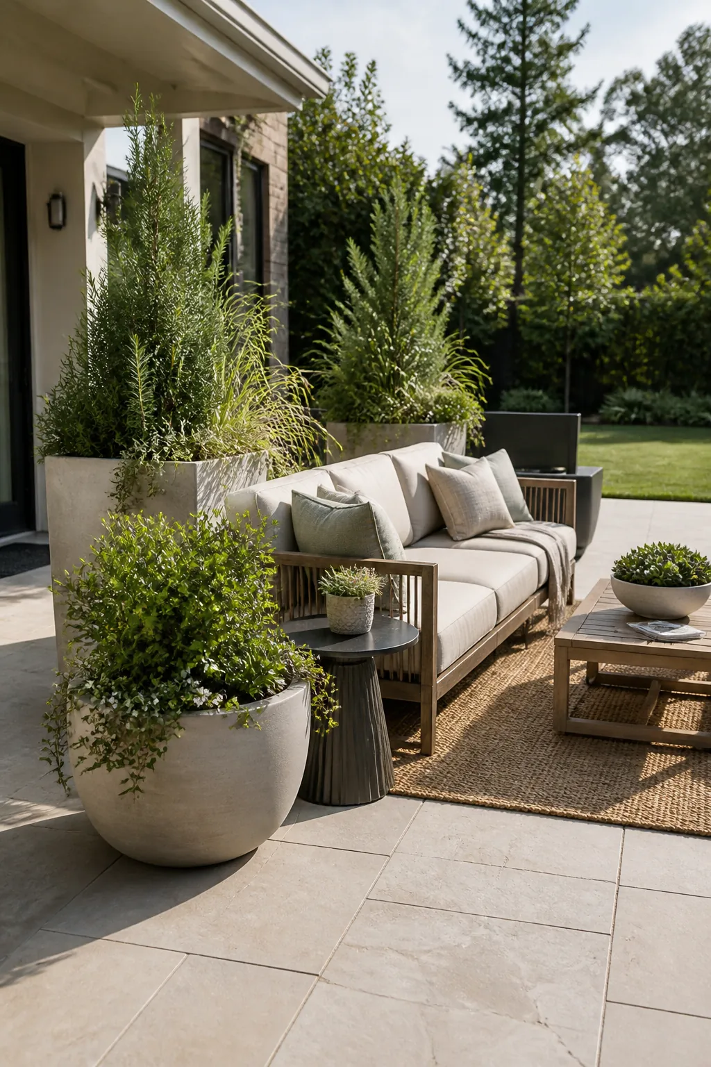 Patio sofa layout with large planters framing the seating area