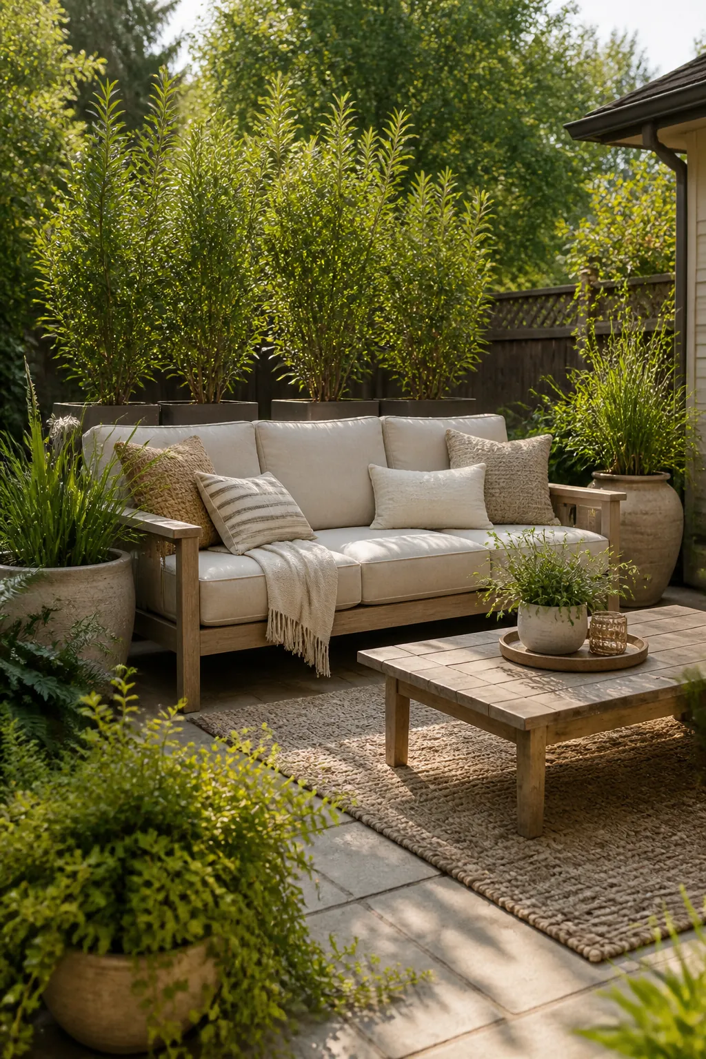 Outdoor sofa area styled with layered patio plants and natural decor