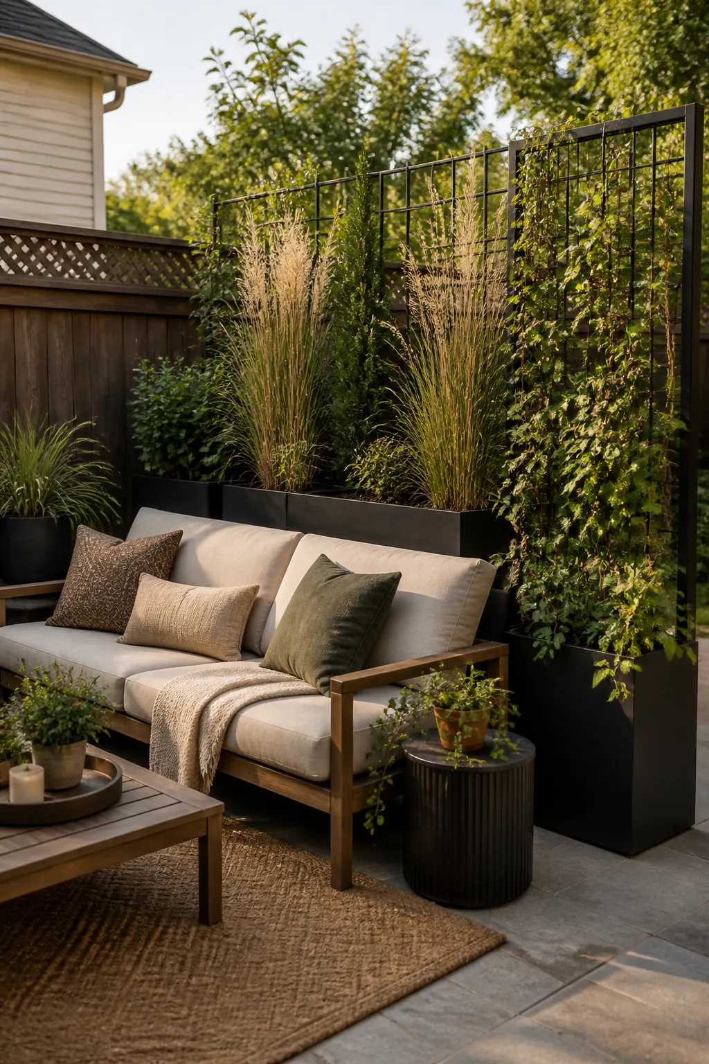 Outdoor sofa privacy idea with tall planters, grasses, and climbing greenery