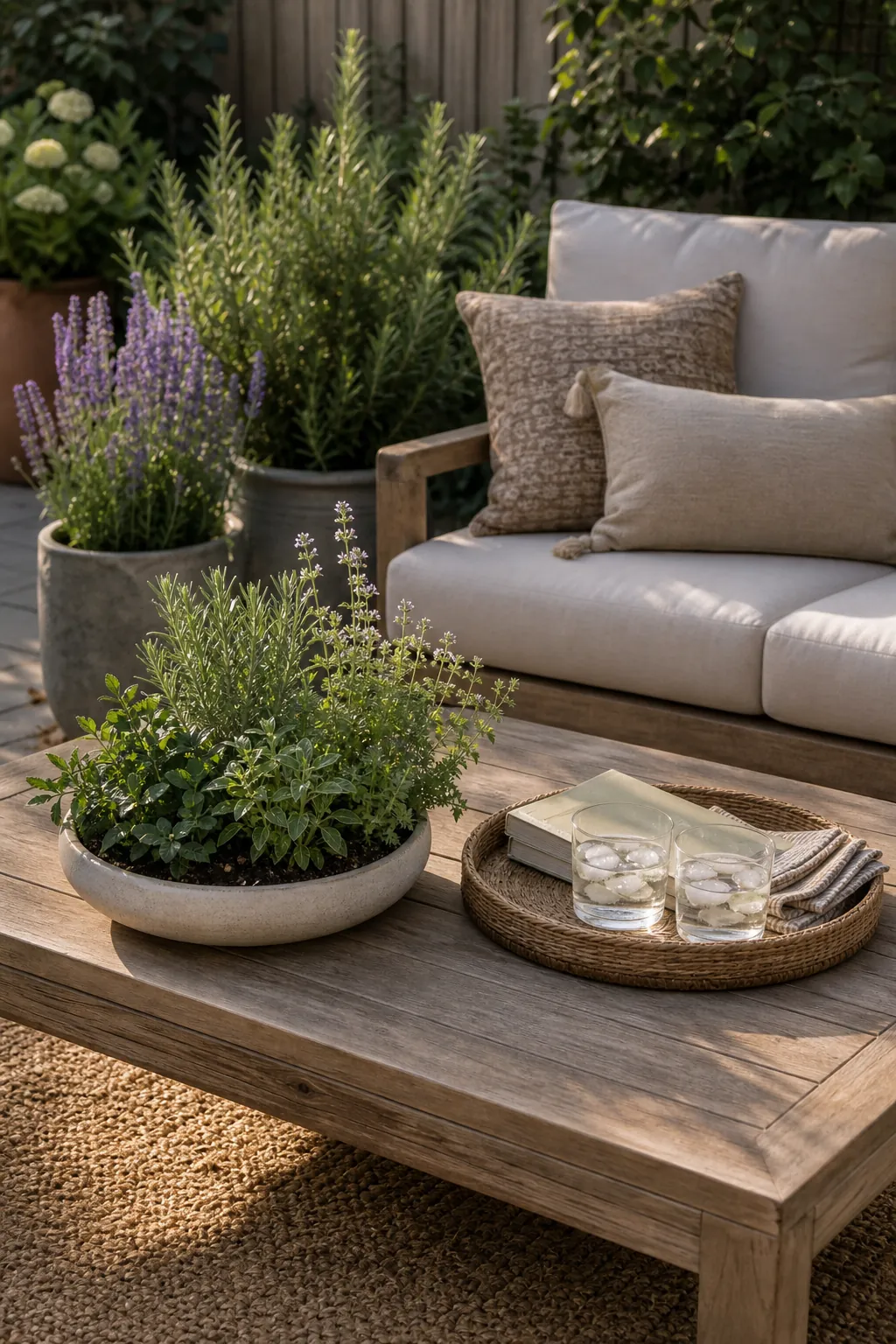 Outdoor sofa coffee table styled with herbs, simple patio decor, and surrounding plants