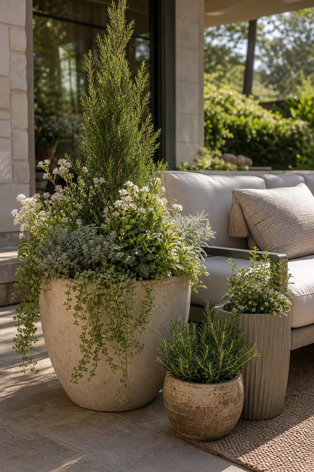 Patio container plants arranged with tall, full, and trailing greenery beside an outdoor sofa
