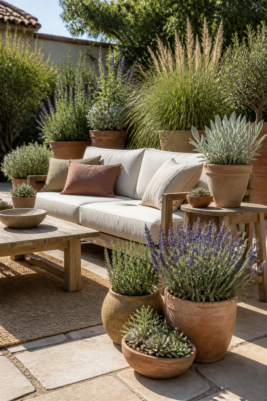 Sunny outdoor sofa area with drought tolerant patio plants in terracotta containers
