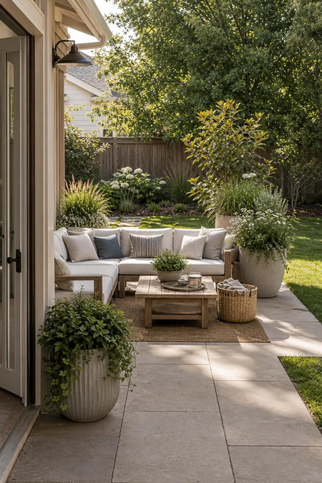 Family backyard outdoor seating area with clear walkways and durable plant styling