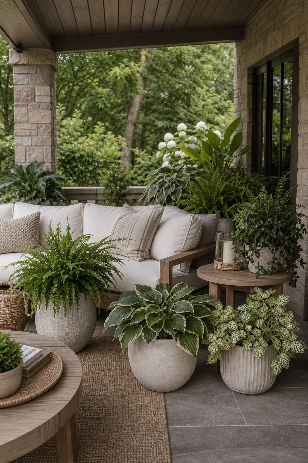 Shaded porch sofa area styled with ferns, hostas, and textured greenery