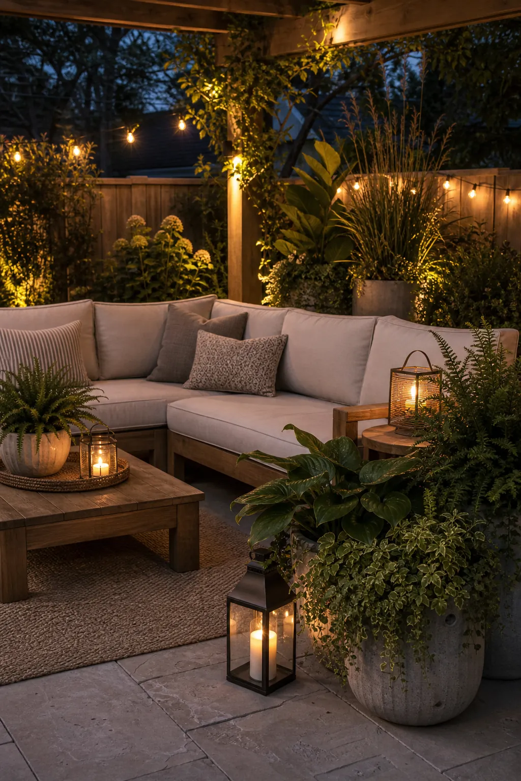 Evening outdoor sofa area with layered plants, warm lights, and cozy patio decor