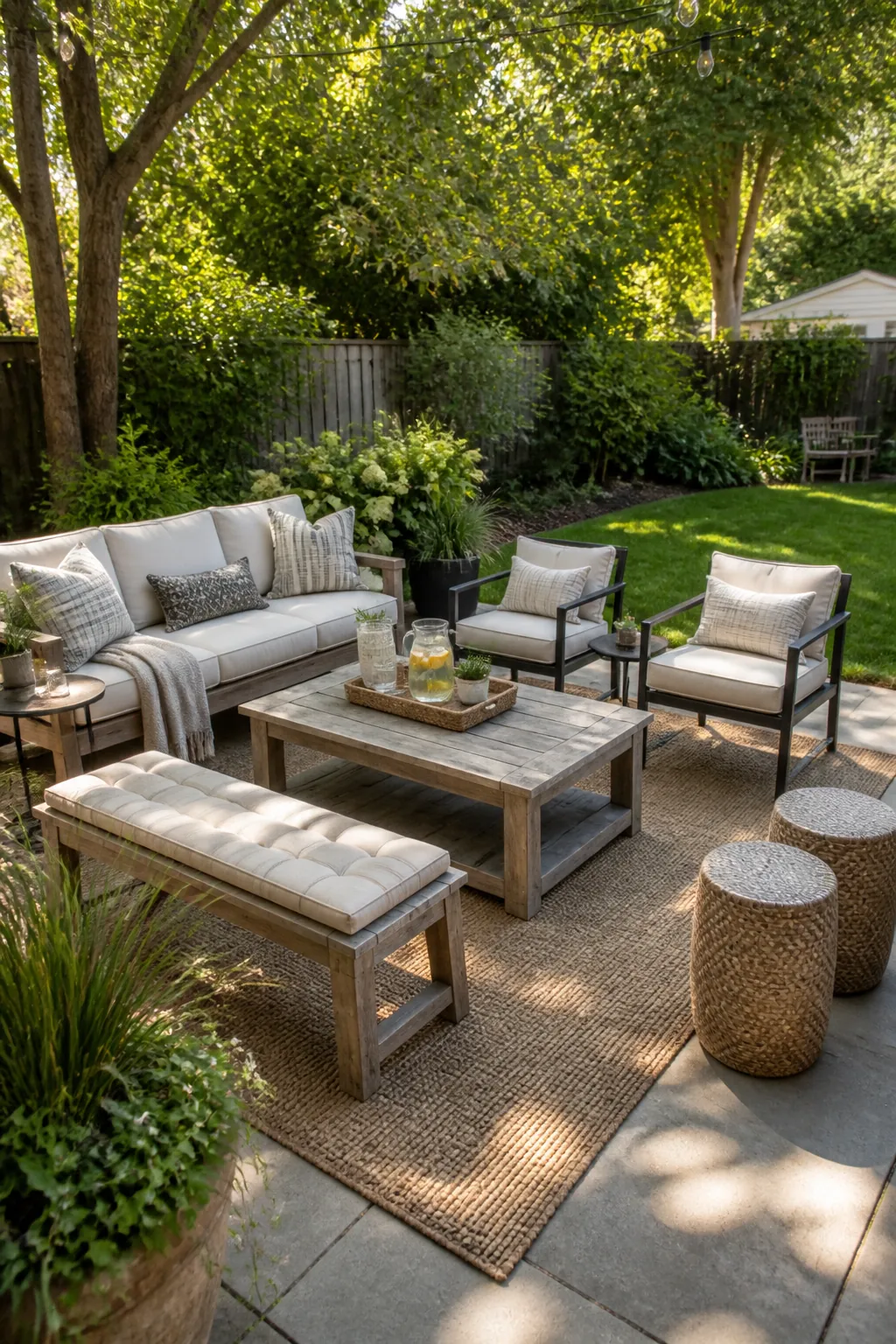 Outdoor seating arranged for easy backyard conversation before a summer party