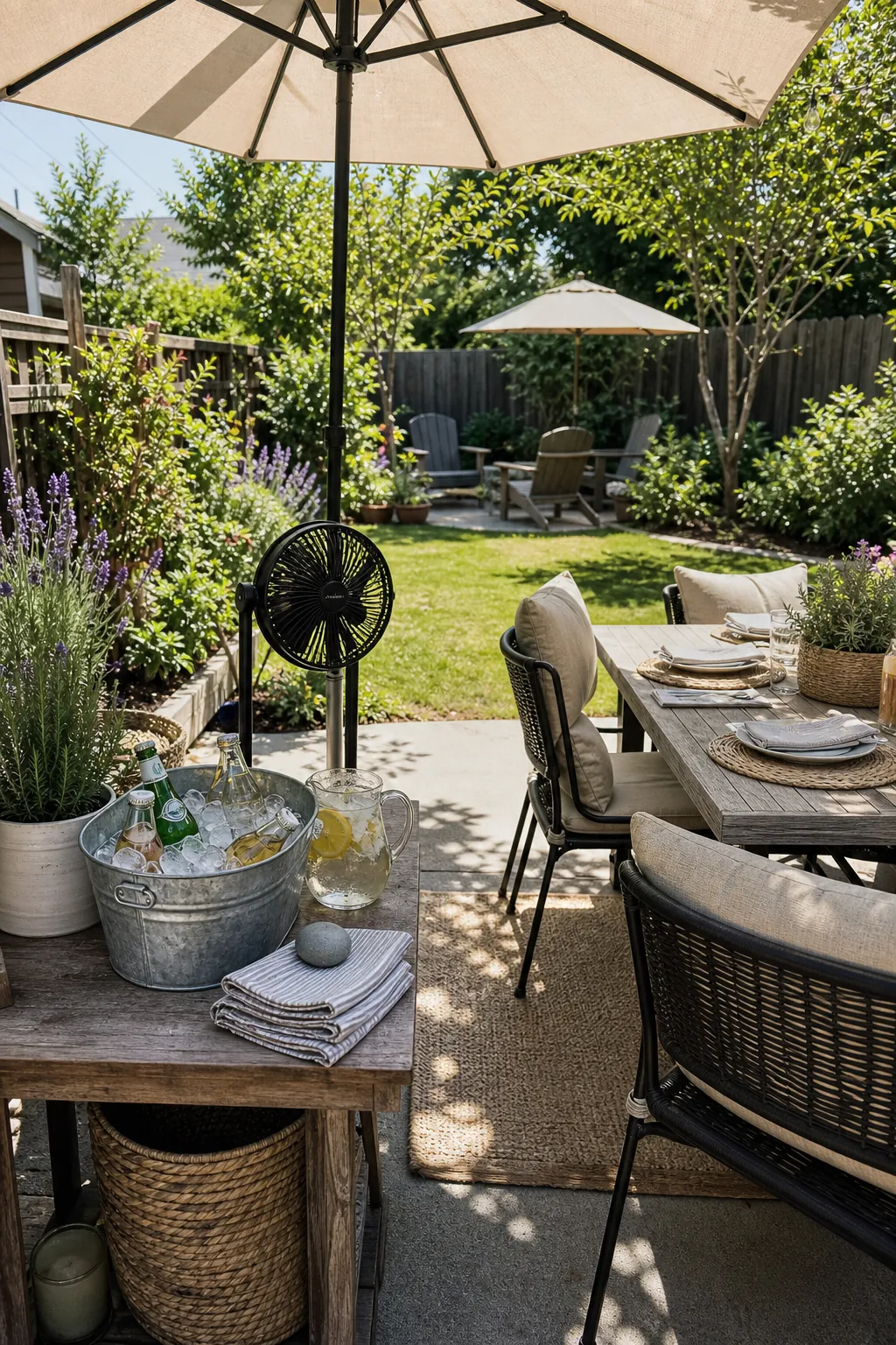 Patio shade setup with umbrella fan and cold drinks for summer guests