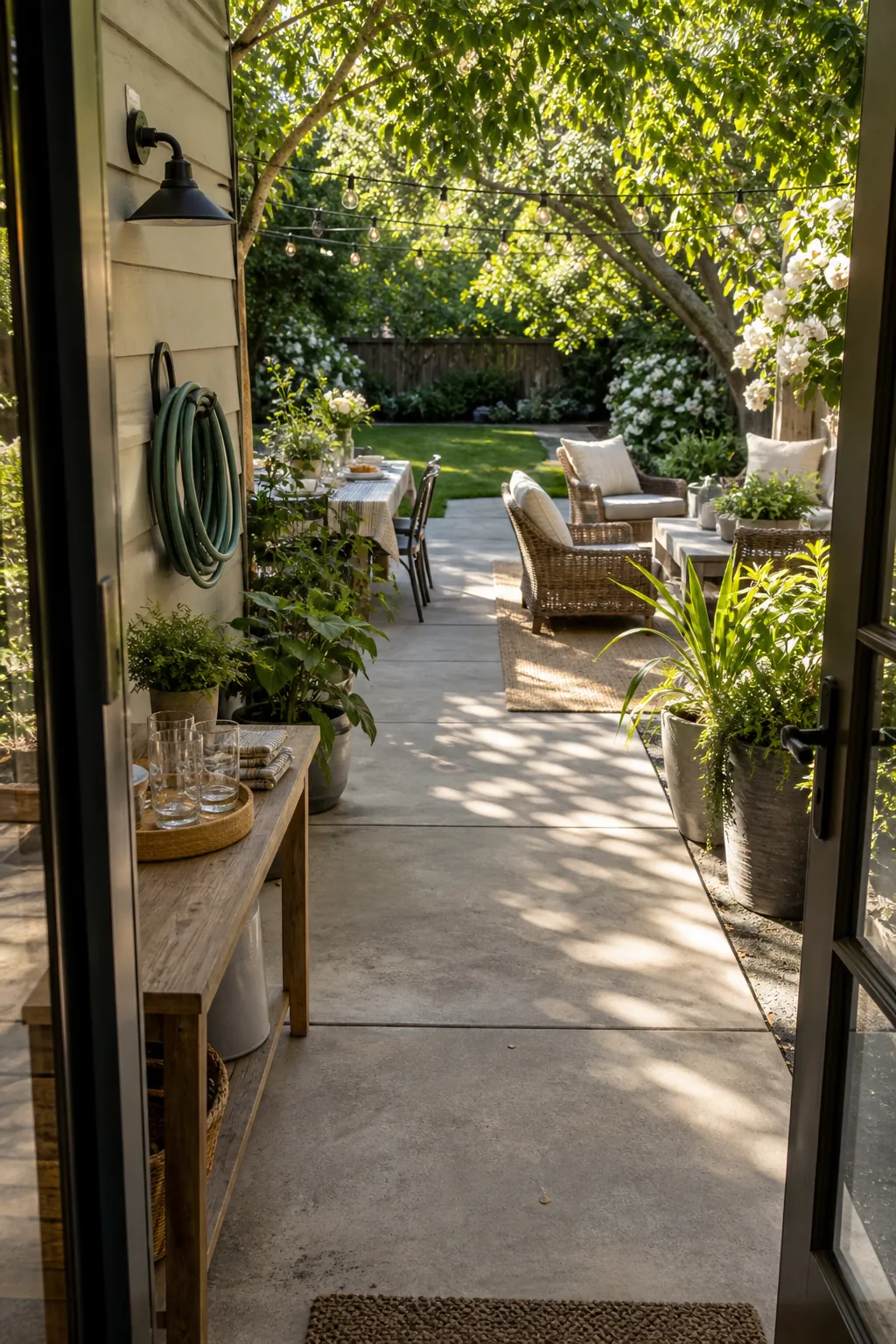 Backyard patio with clear guest traffic flow for summer hosting