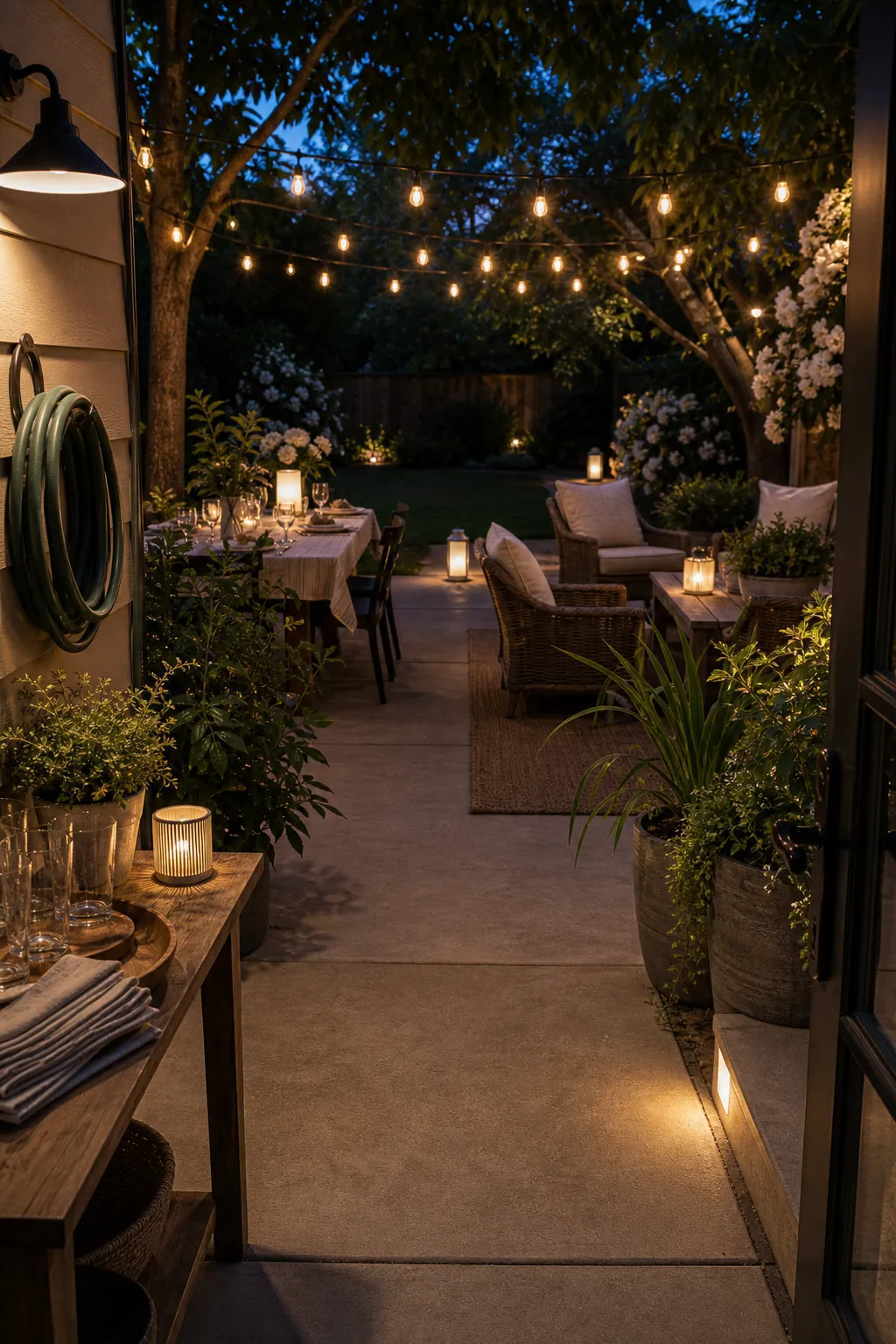 Layered backyard lighting with string lights lanterns and patio table glow