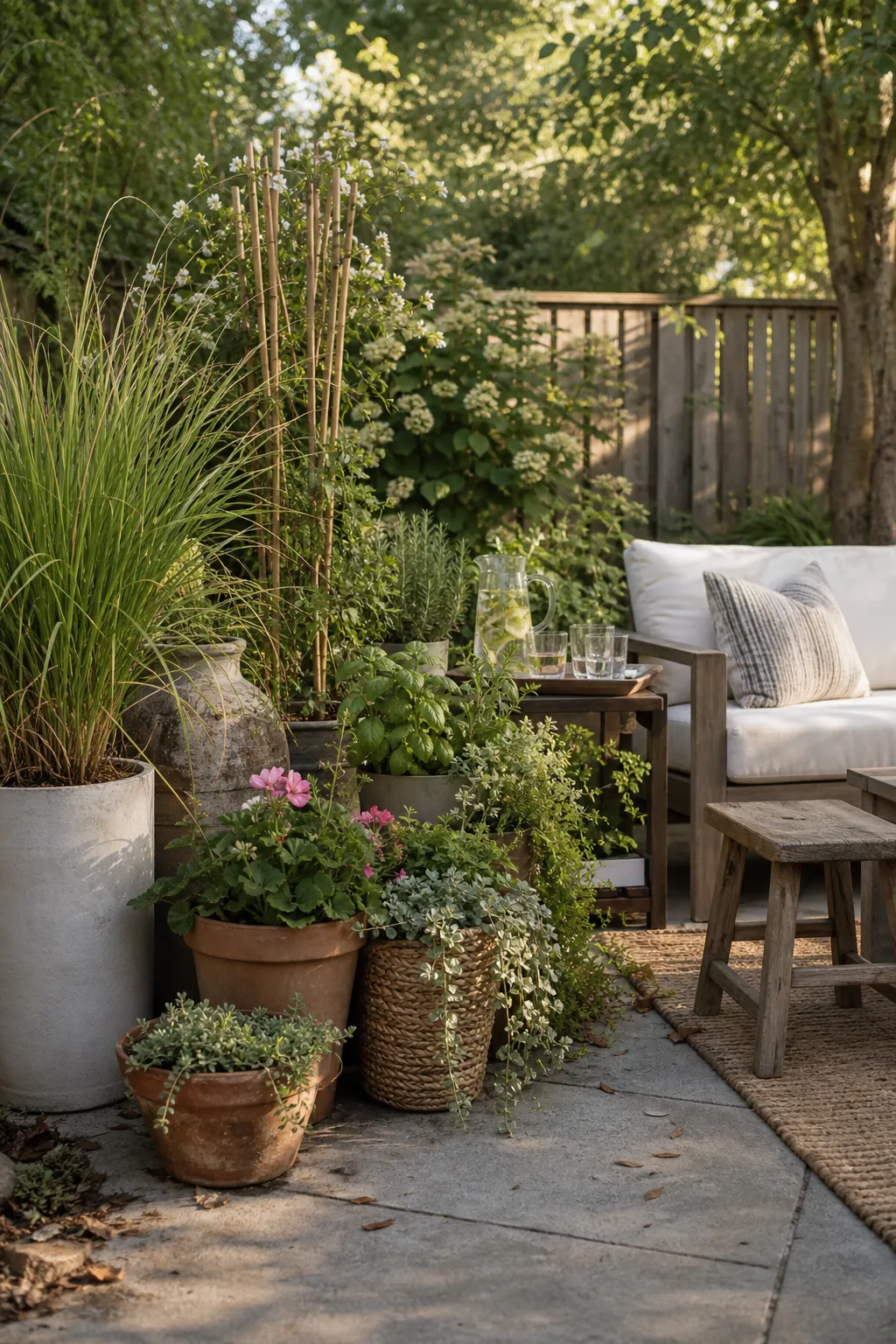 Container garden and tall grasses refreshing a backyard patio for summer guests