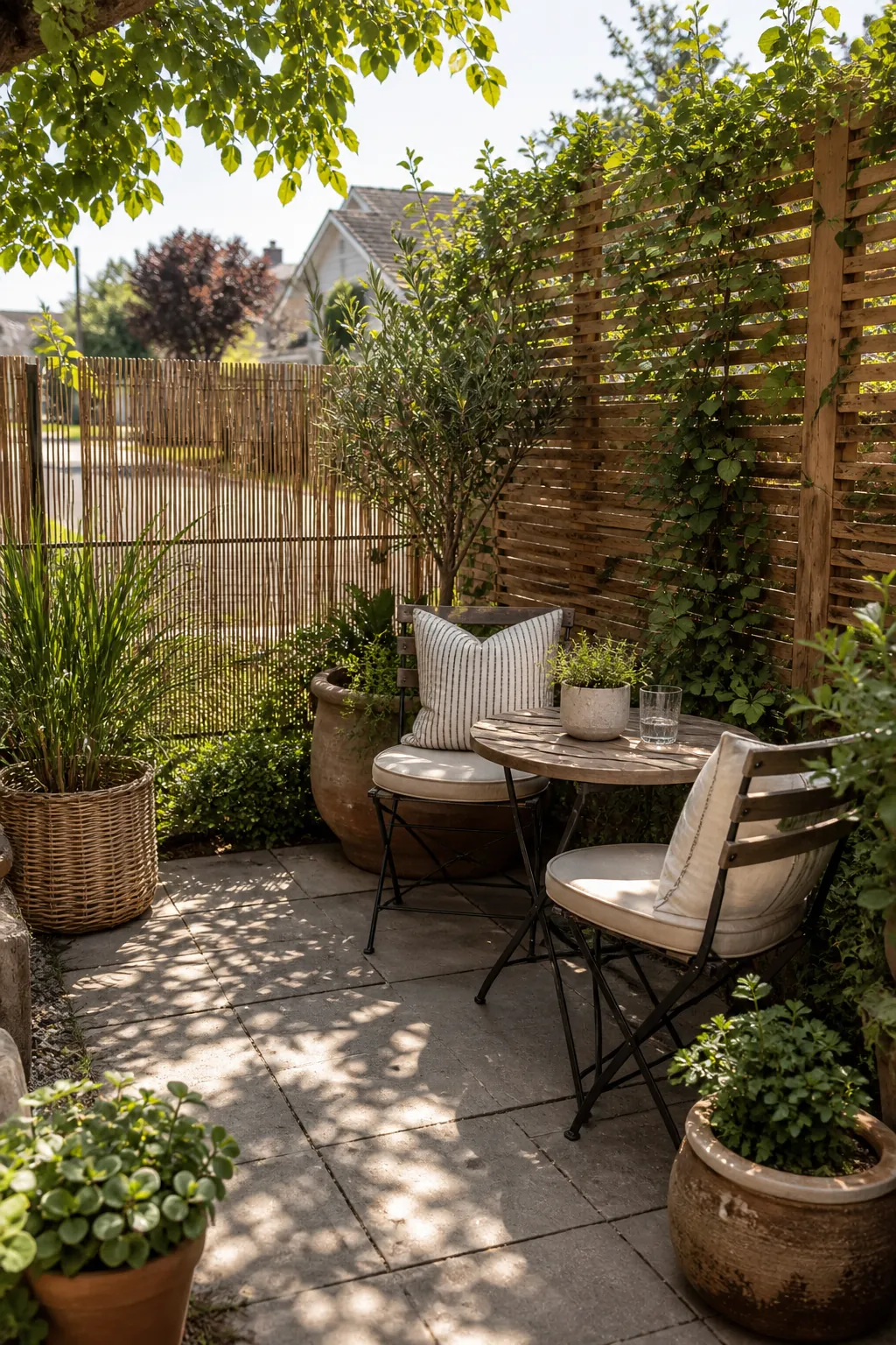 Natural backyard privacy screen with planters around a patio seating area