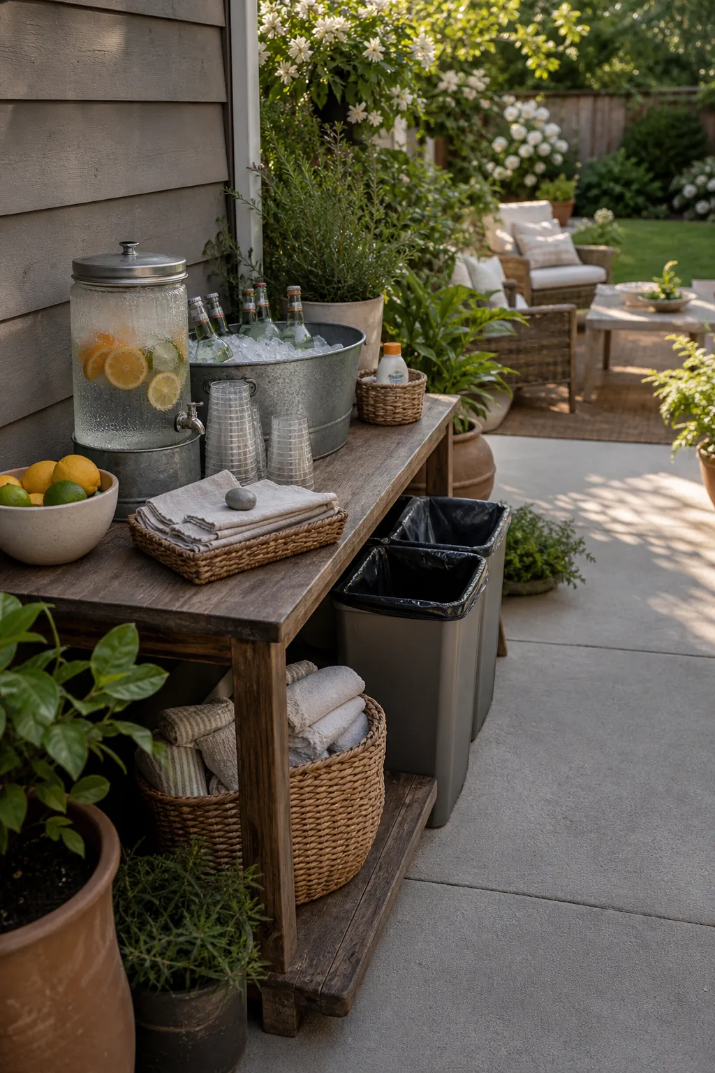 Backyard hosting station with drinks napkins serving tray and tidy patio details
