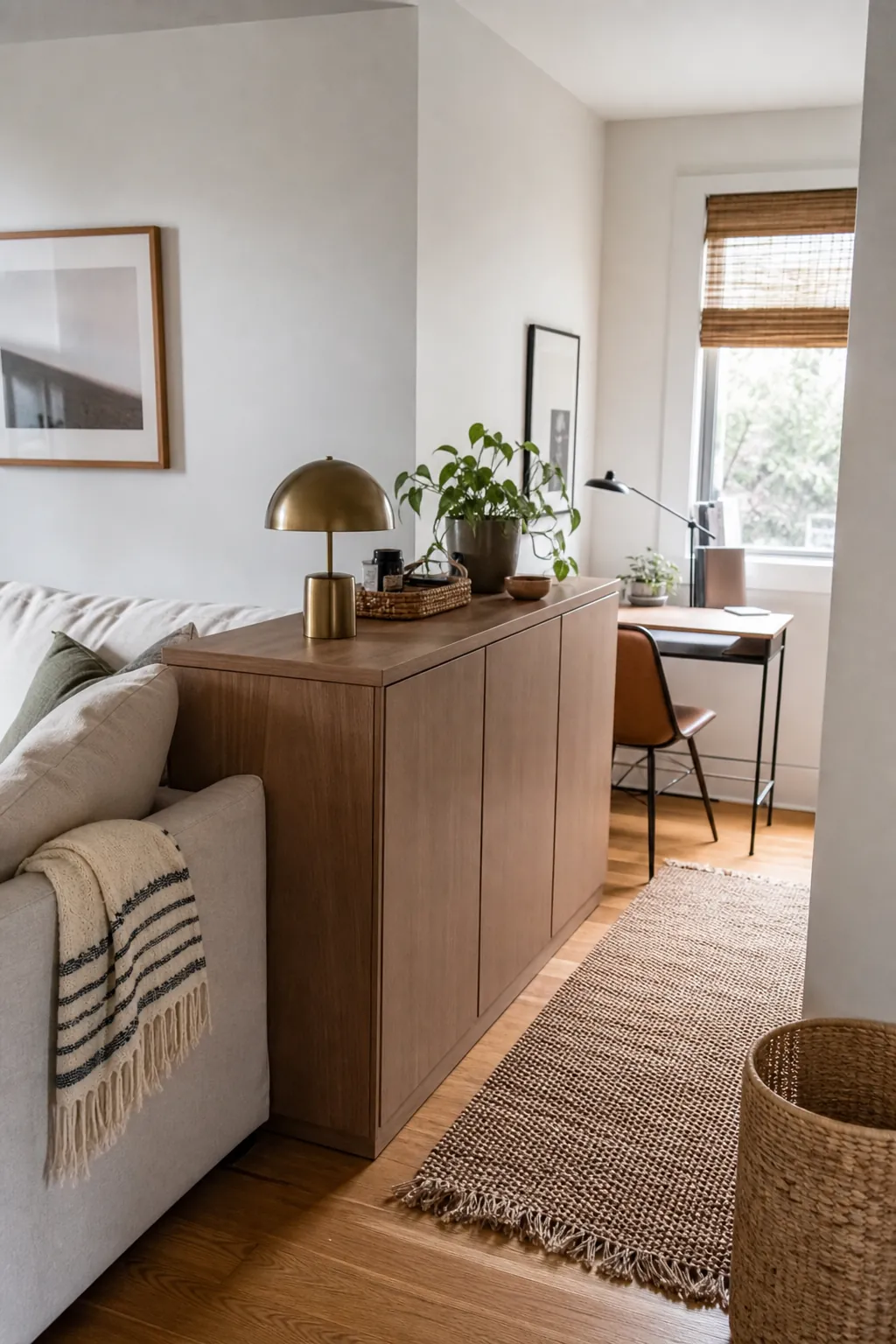 Closed storage cabinet dividing a small multi use room into living and work zones