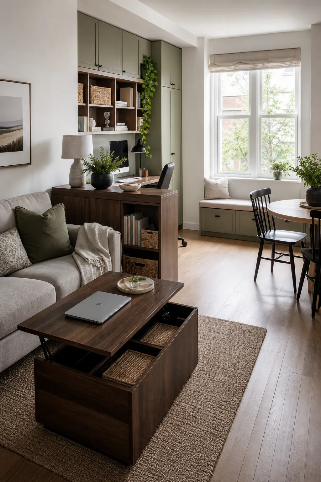 Small multi use living room with hidden storage furniture and clear room zones