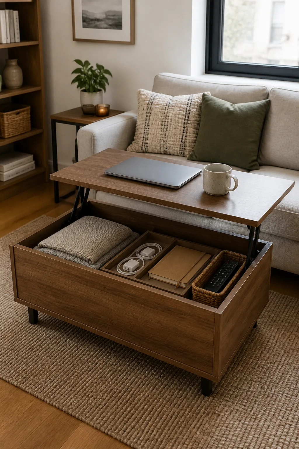 Lift top coffee table with hidden storage in a small living room work zone