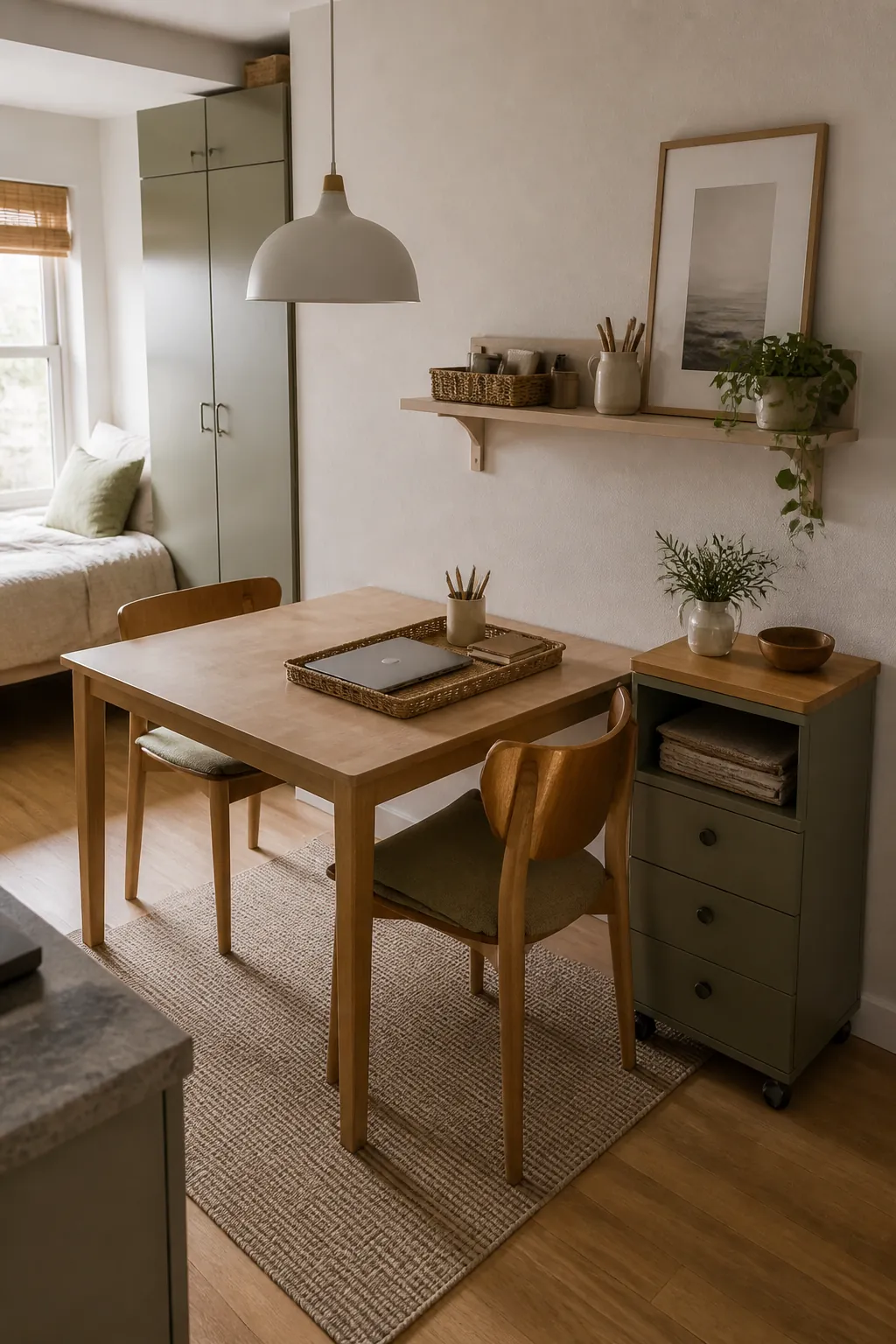 Compact dining table and desk station with slim closed storage for a studio apartment