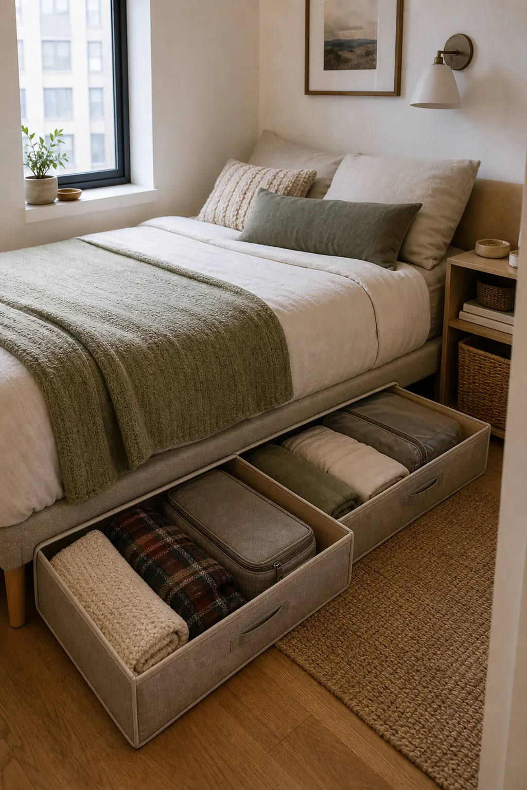 Under bed hidden storage for seasonal linens in a calm small bedroom zone