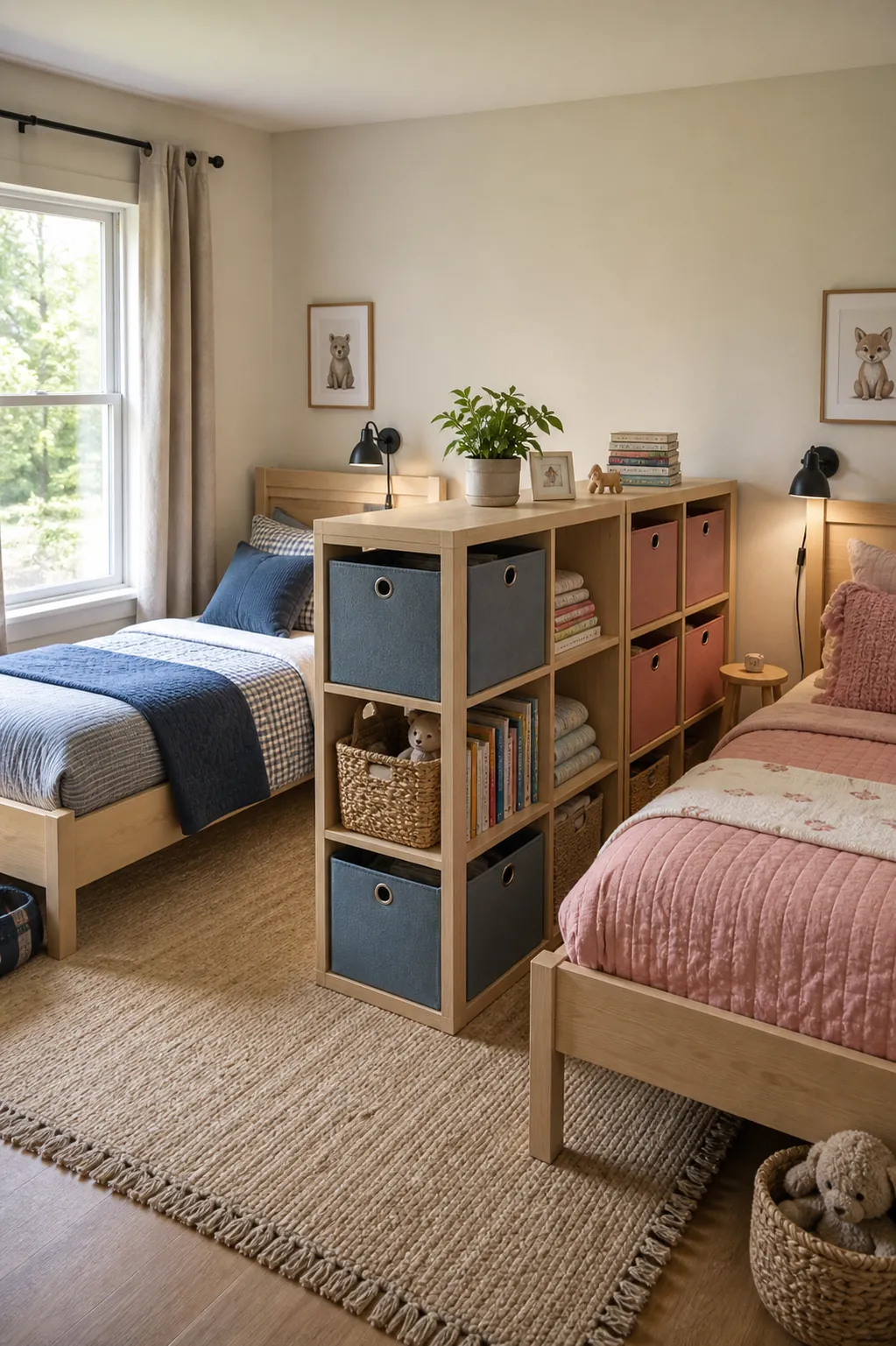 Storage divider between two kids beds in a shared bedroom
