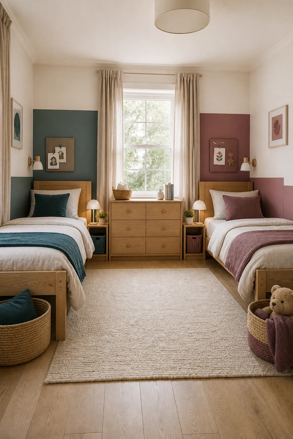 Shared kids room with personal color zones and one neutral palette