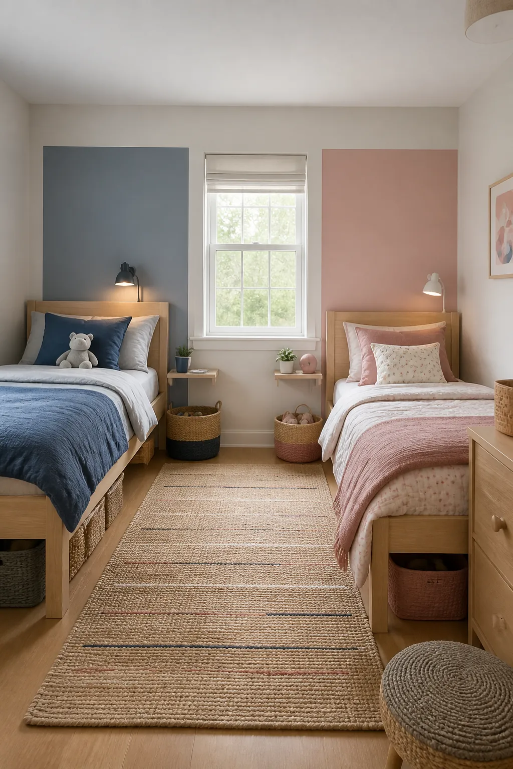 Shared sibling bedroom with two color zones behind twin beds
