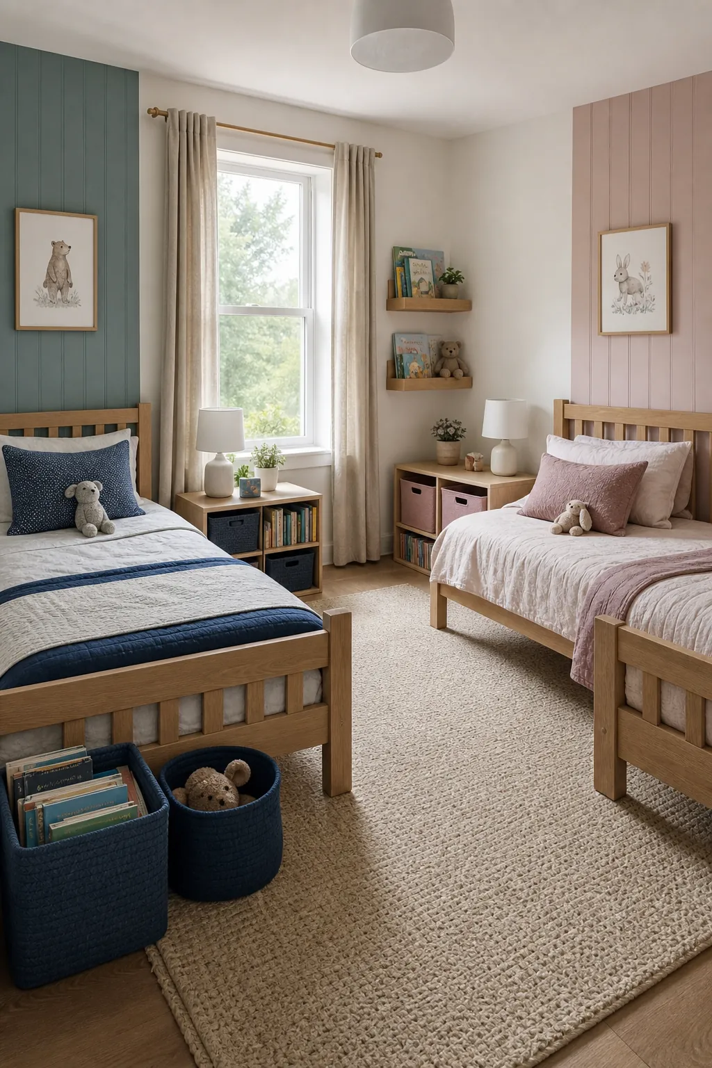 Shared sibling bedroom with balanced color zones and twin beds
