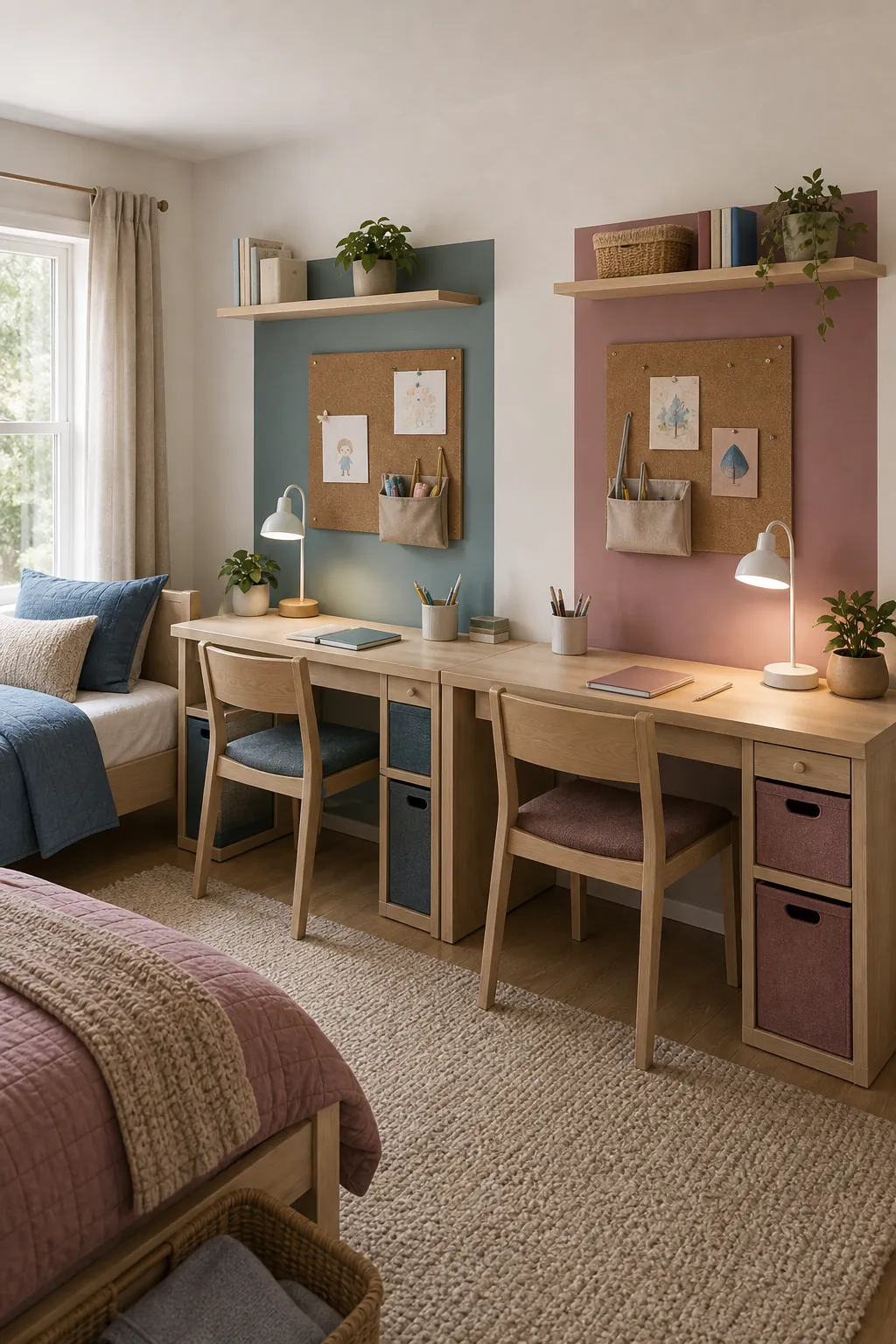 Two color zoned study corners in a shared kids bedroom